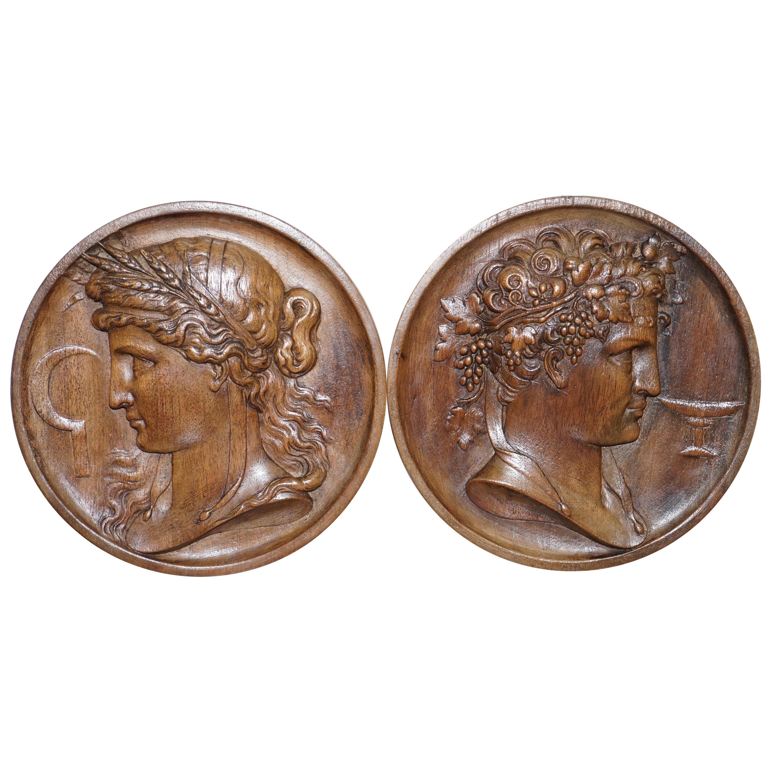 Pair of Solid Walnut Hand-Carved Grand Tour Plaques God Apollo 
Goddess Ceres