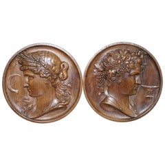 Pair of Solid Walnut Hand-Carved Grand Tour Plaques God Apollo & Goddess Ceres