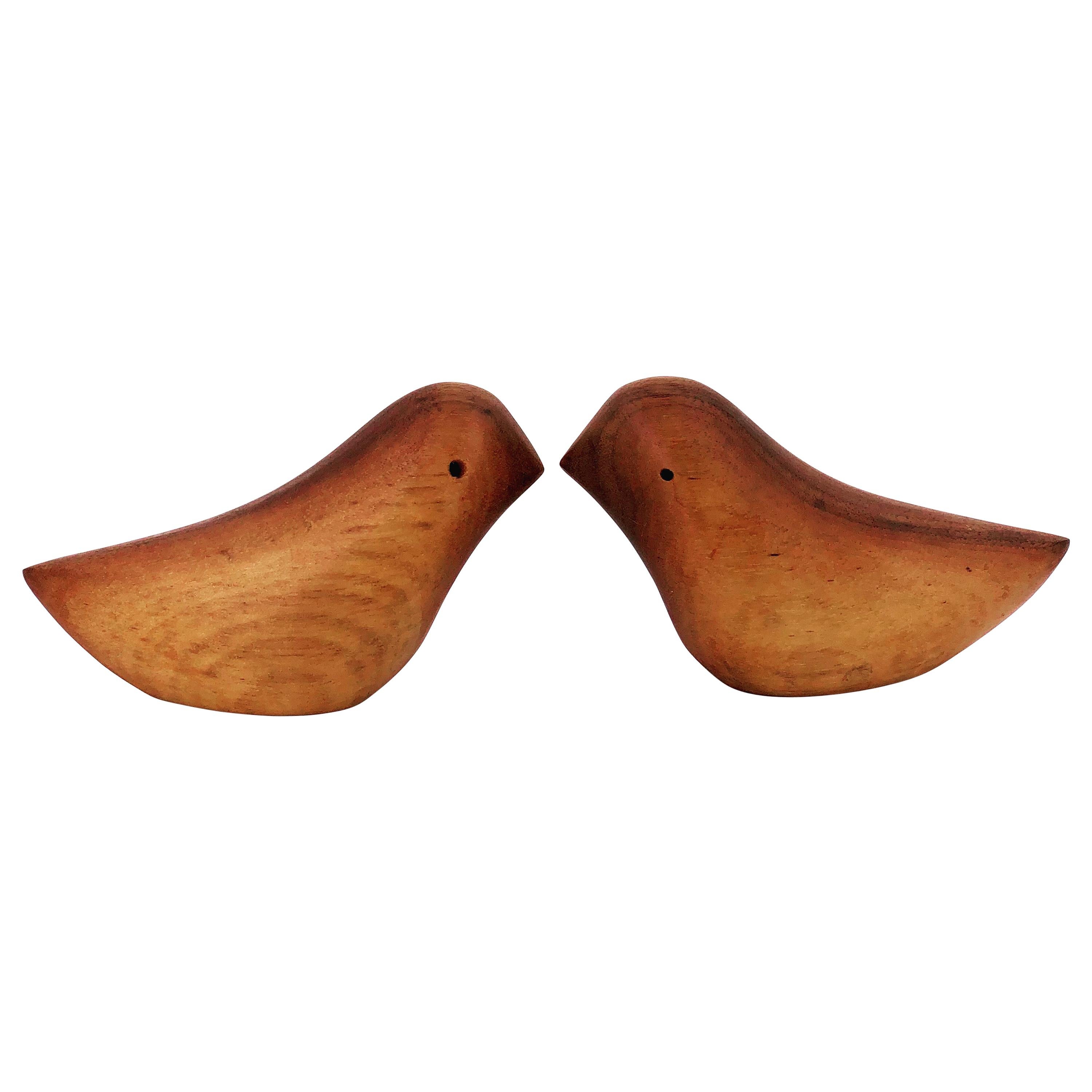 Pair of Solid Walnut Hand Carved Midcentury Love Birds Salt and Pepper Shakers