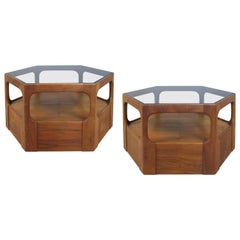 Pair of Solid Walnut Hexagonal Glass Tables
