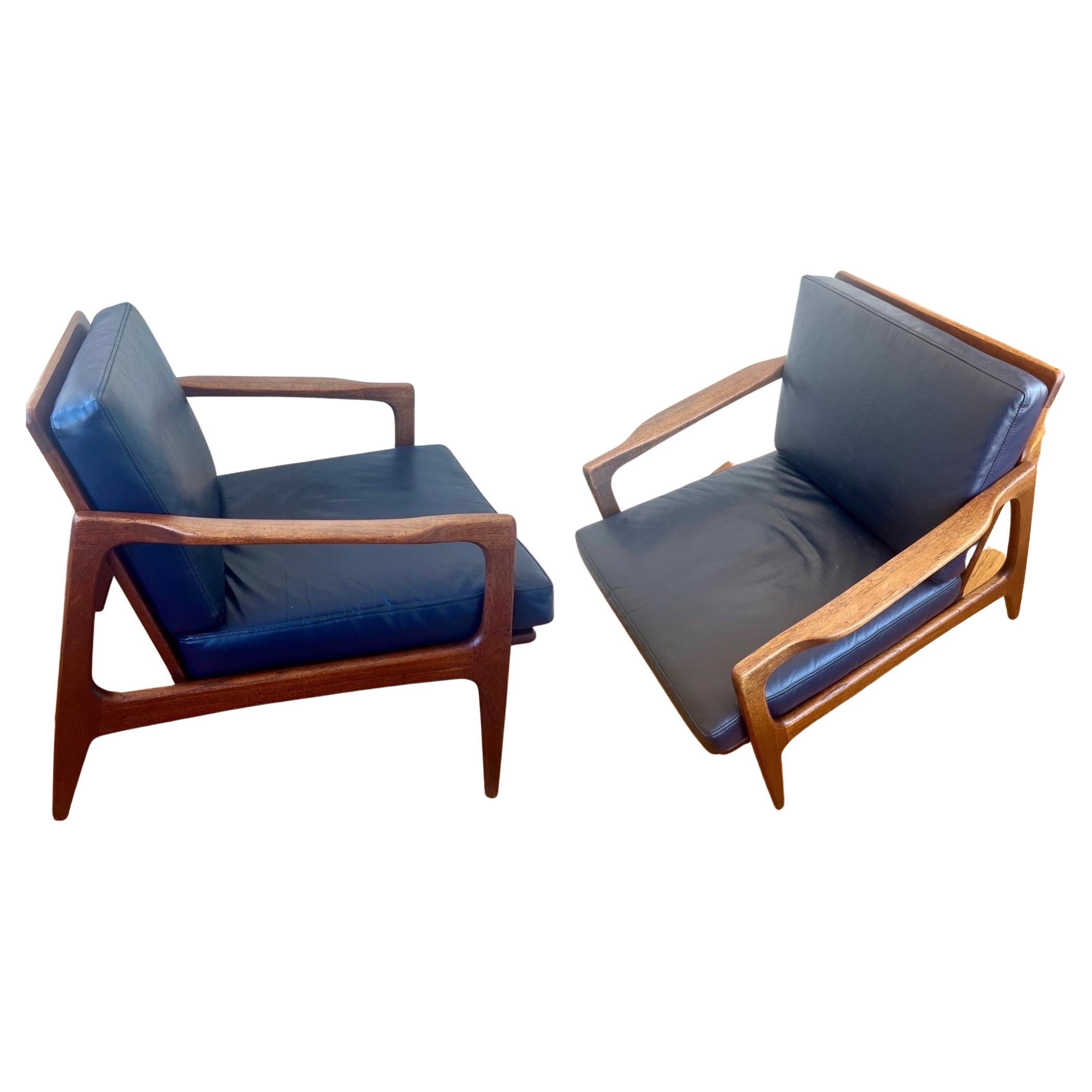 Pair of solid Walnut 
Leather Mid Century Modern Lounge Chairs Made in Japan