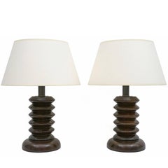 Antique Pair of Solid Walnut Twist Table Lamps, France, 19th Century