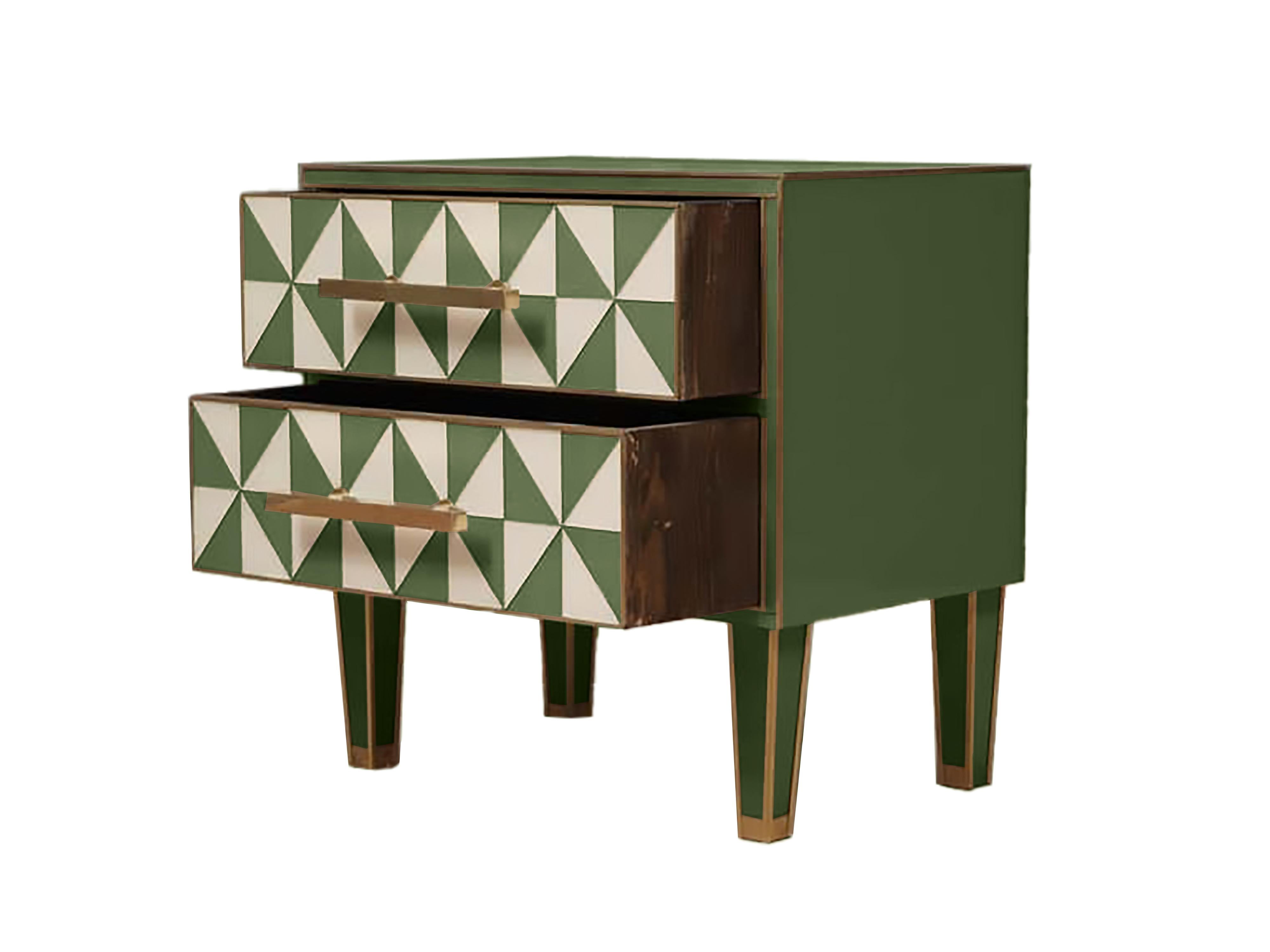 This pair of solid wood nightstands with green and white “optical” Murano glass is a stunning example of mid-century modern design inspired by the 1950s. 

Handcrafted in Italy, each bedside table features a sturdy solid wood frame adorned with