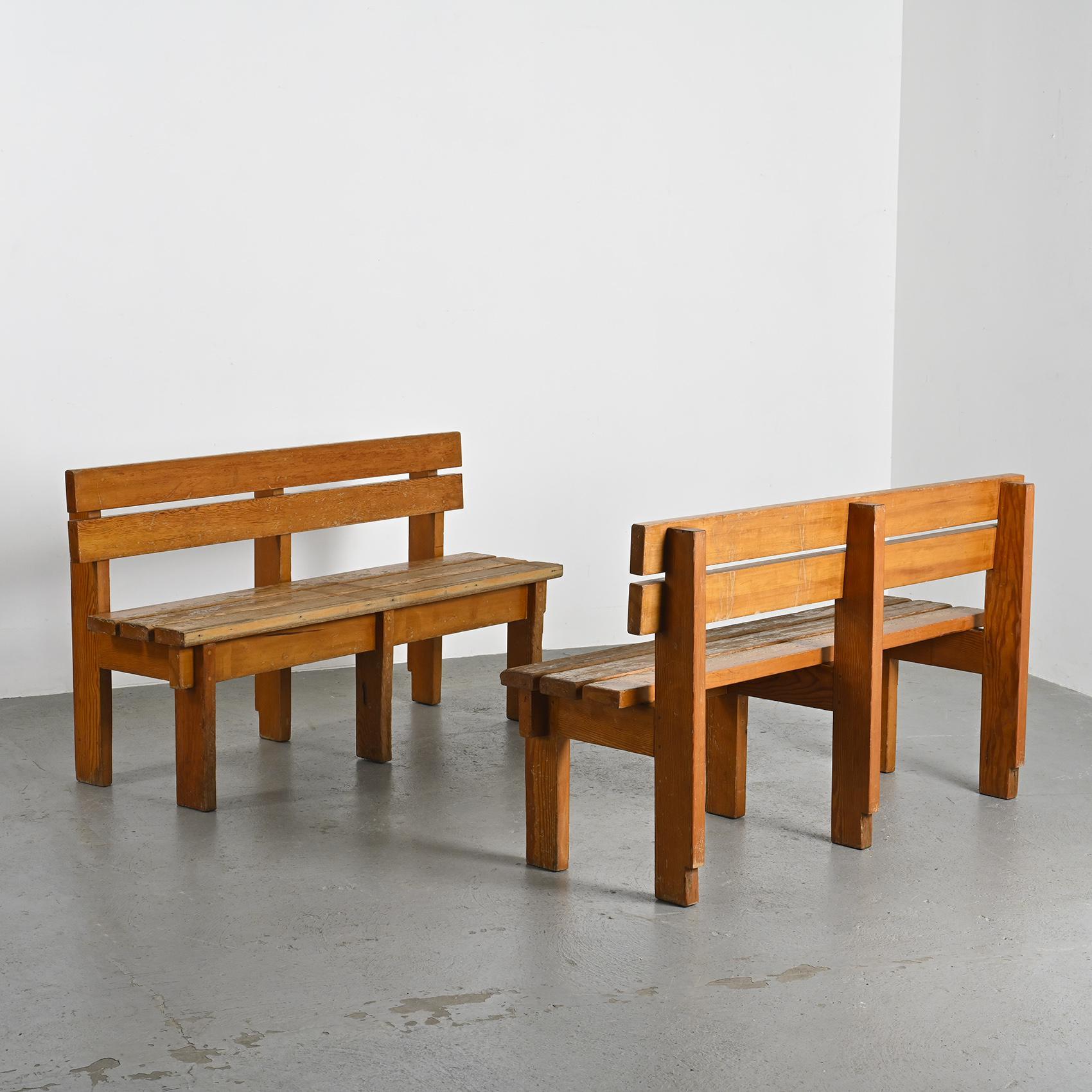 Pair of Solid Wood Benches by Christian Durupt, Courchevel, circa 1960 In Fair Condition For Sale In VILLEURBANNE, FR