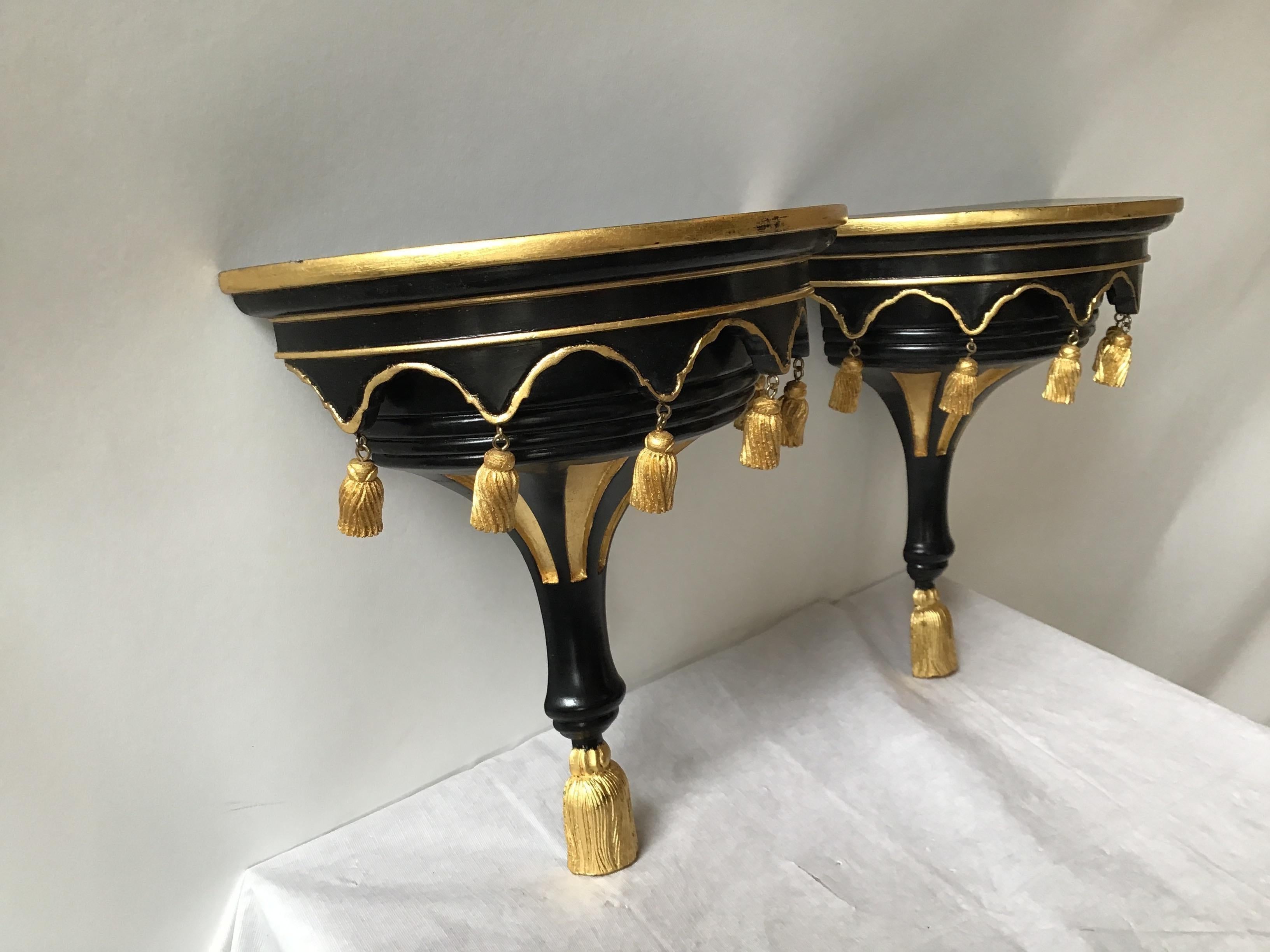 Pair of Solid Wood Black Wall Shelves with Gilt Tassels In Good Condition In Tarrytown, NY