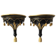 Pair of Solid Wood Black Wall Shelves with Gilt Tassels