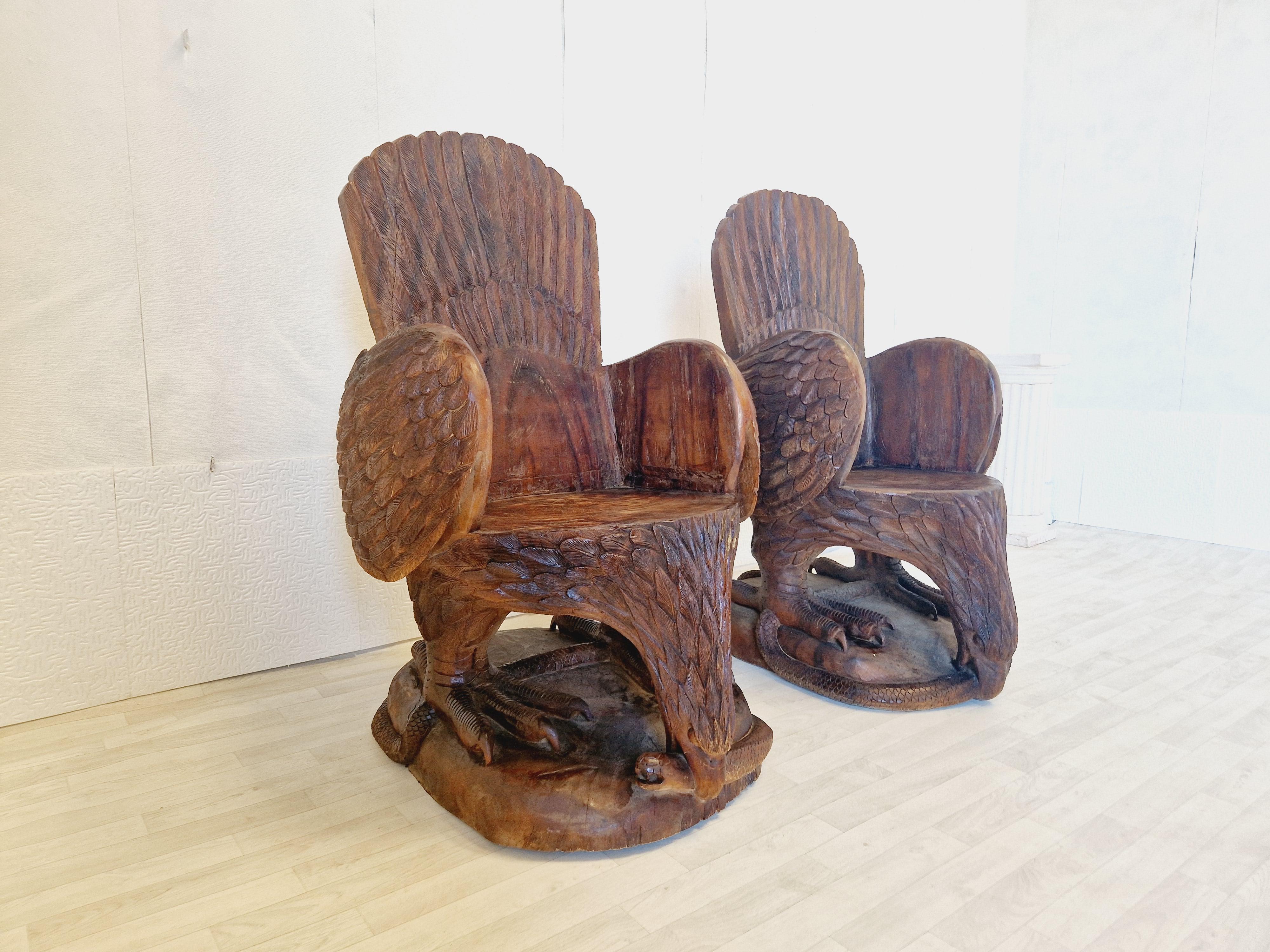 Pair of Hand Carved Solid Wood Eagle Armchairs For Sale 3