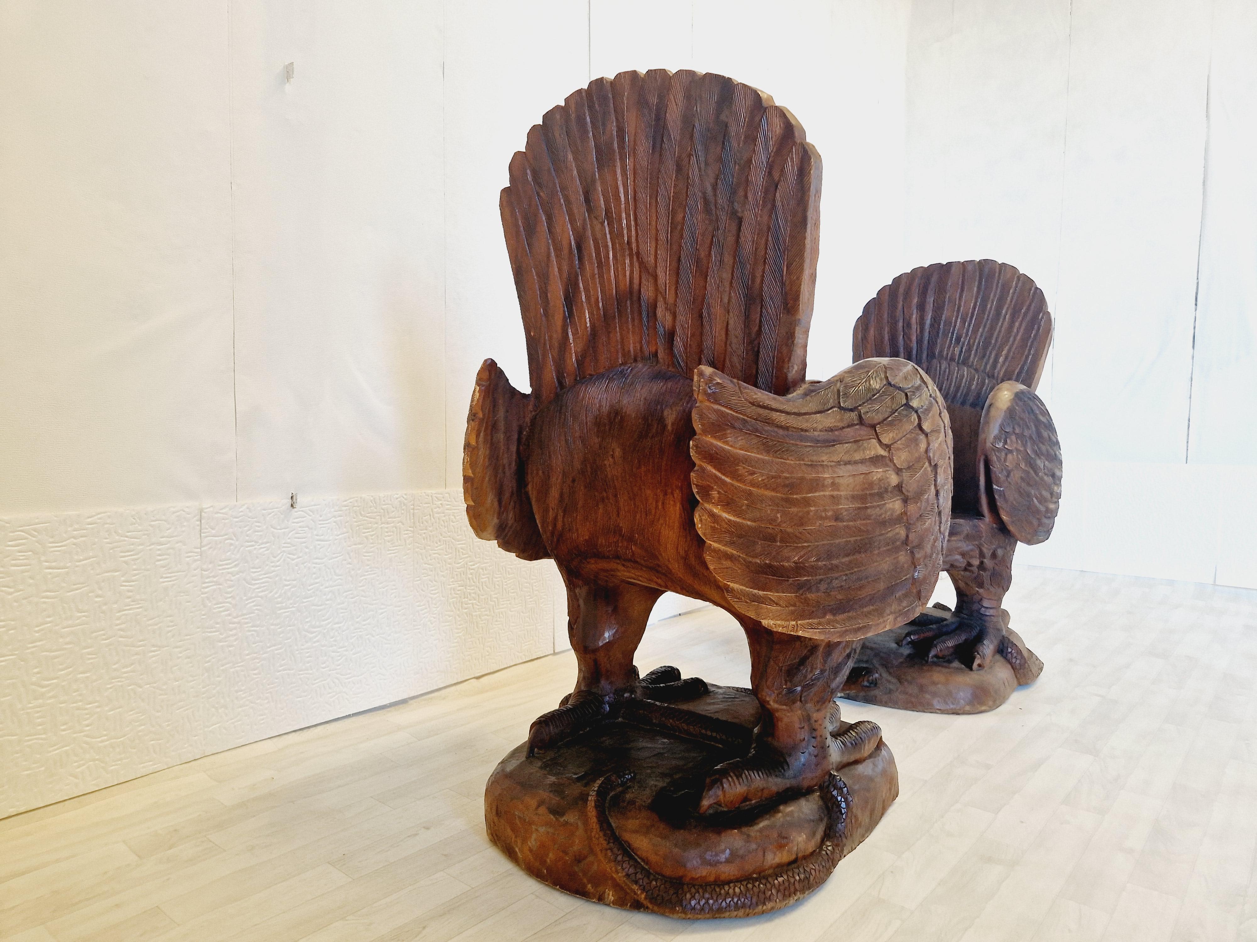 Pair of Hand Carved Solid Wood Eagle Armchairs For Sale 6