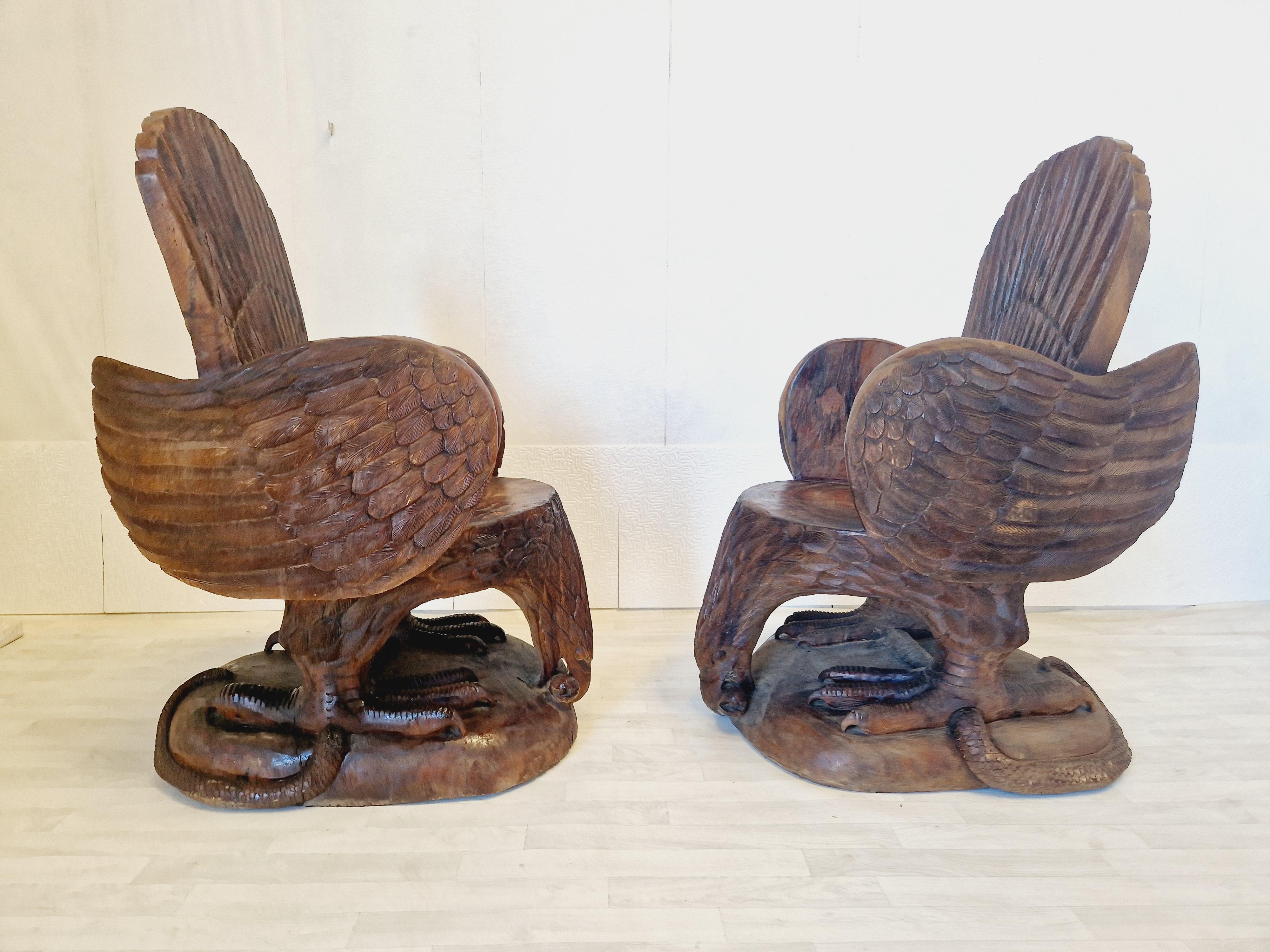 Pair of Hand Carved Solid Wood Eagle Armchairs For Sale 10