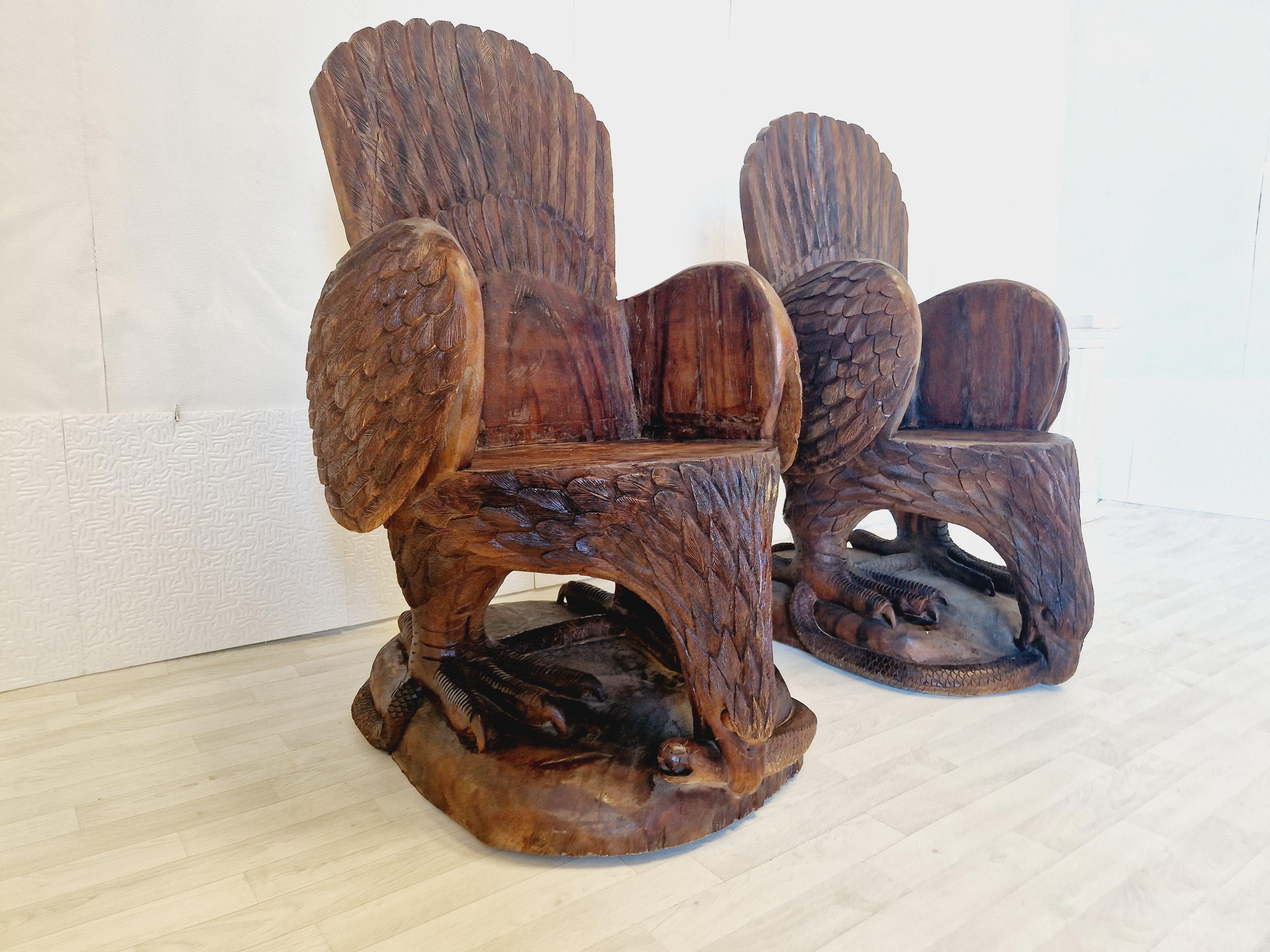 Pair of Hand Carved Solid Wood Eagle Armchairs For Sale 12