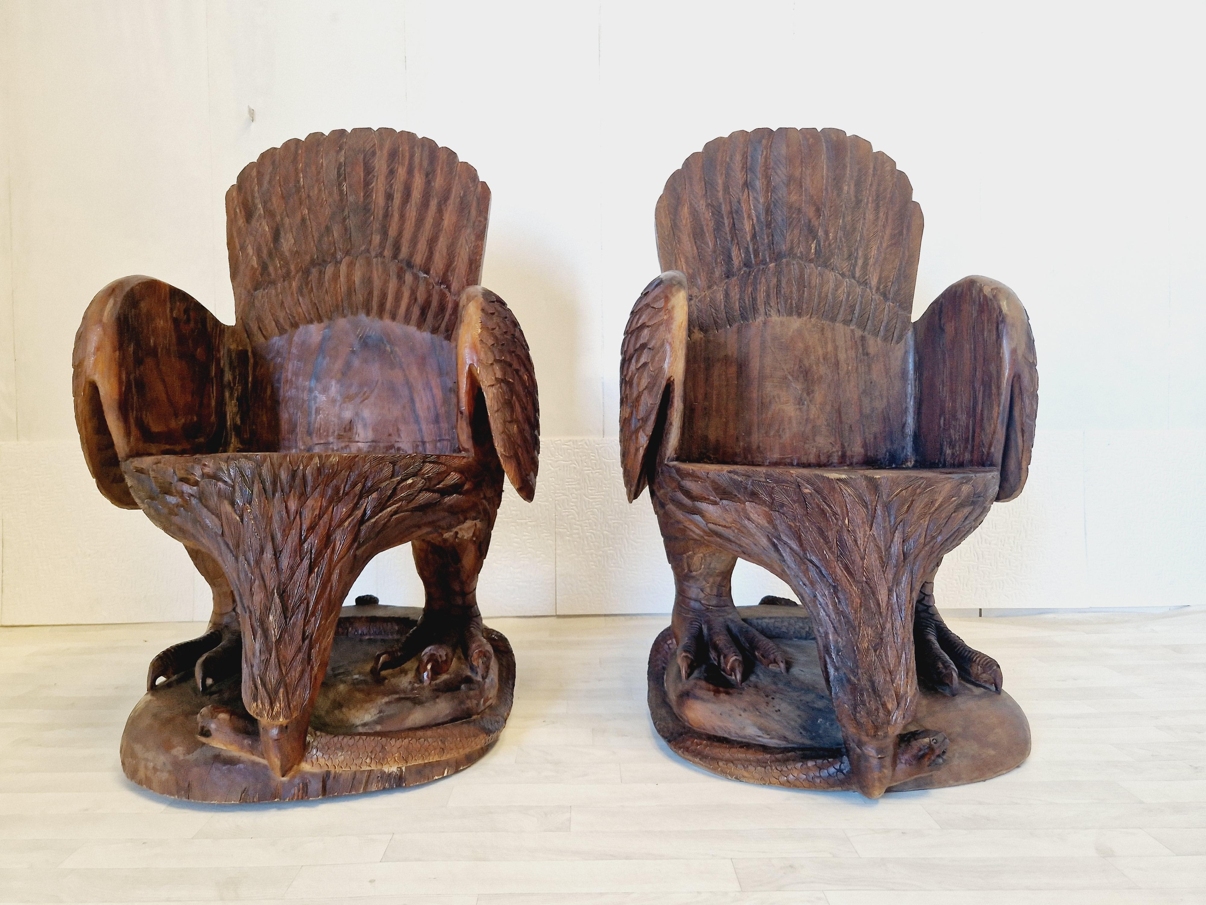 Pair of Hand Carved Solid Wood Eagle Armchairs For Sale 1