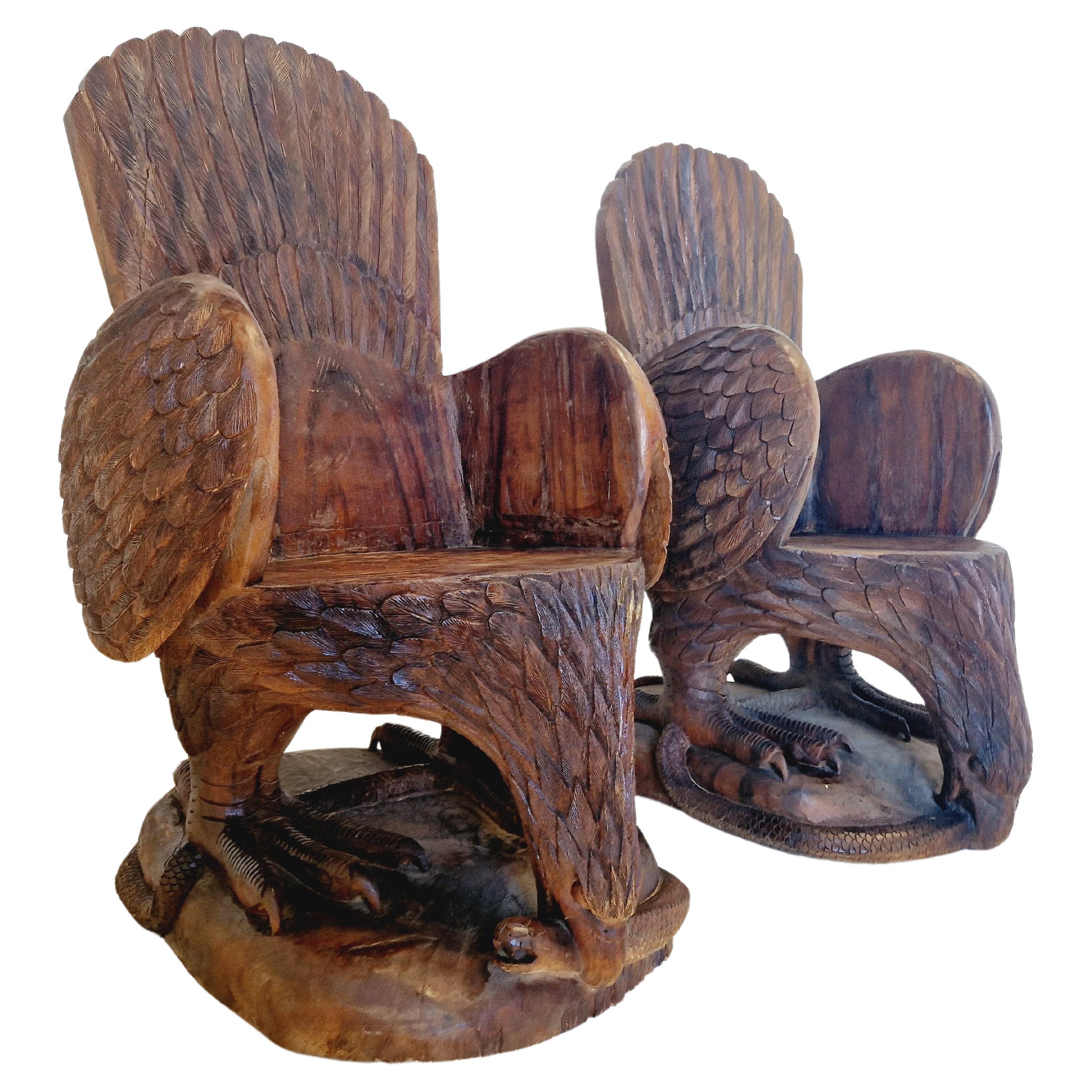 Pair of Hand Carved Solid Wood Eagle Armchairs For Sale