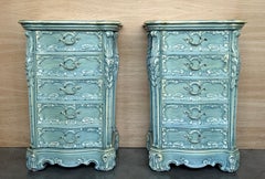 Pair of Solid Wood Carved Turqueoise Nightstands with Five Drawers, Signed