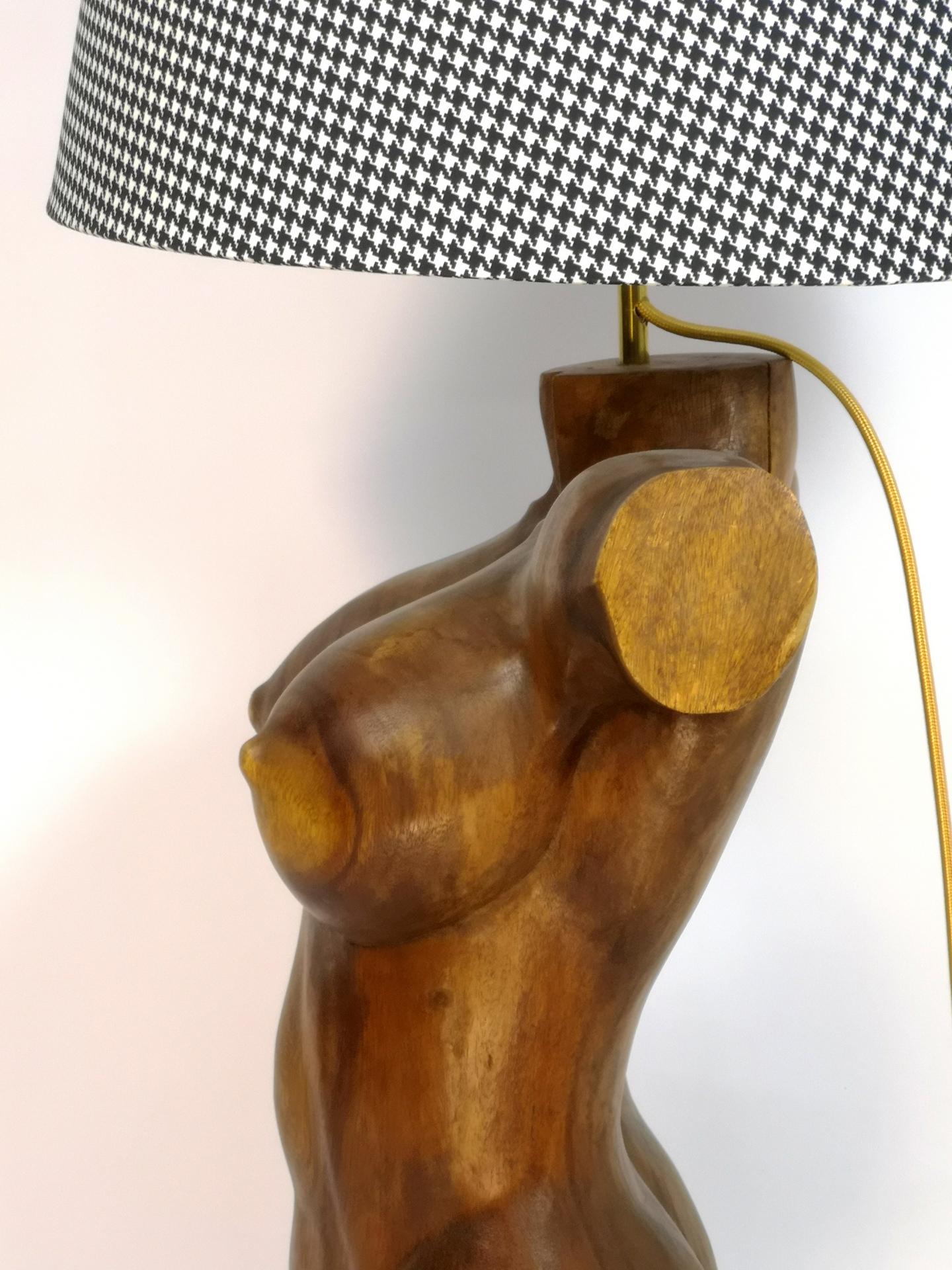 Fruitwood Pair of Solid Wooden Sculptural Torso Lamps, 1970's For Sale