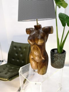 Pair of Solid Wooden Sculptural Torso Lamps, 1970's