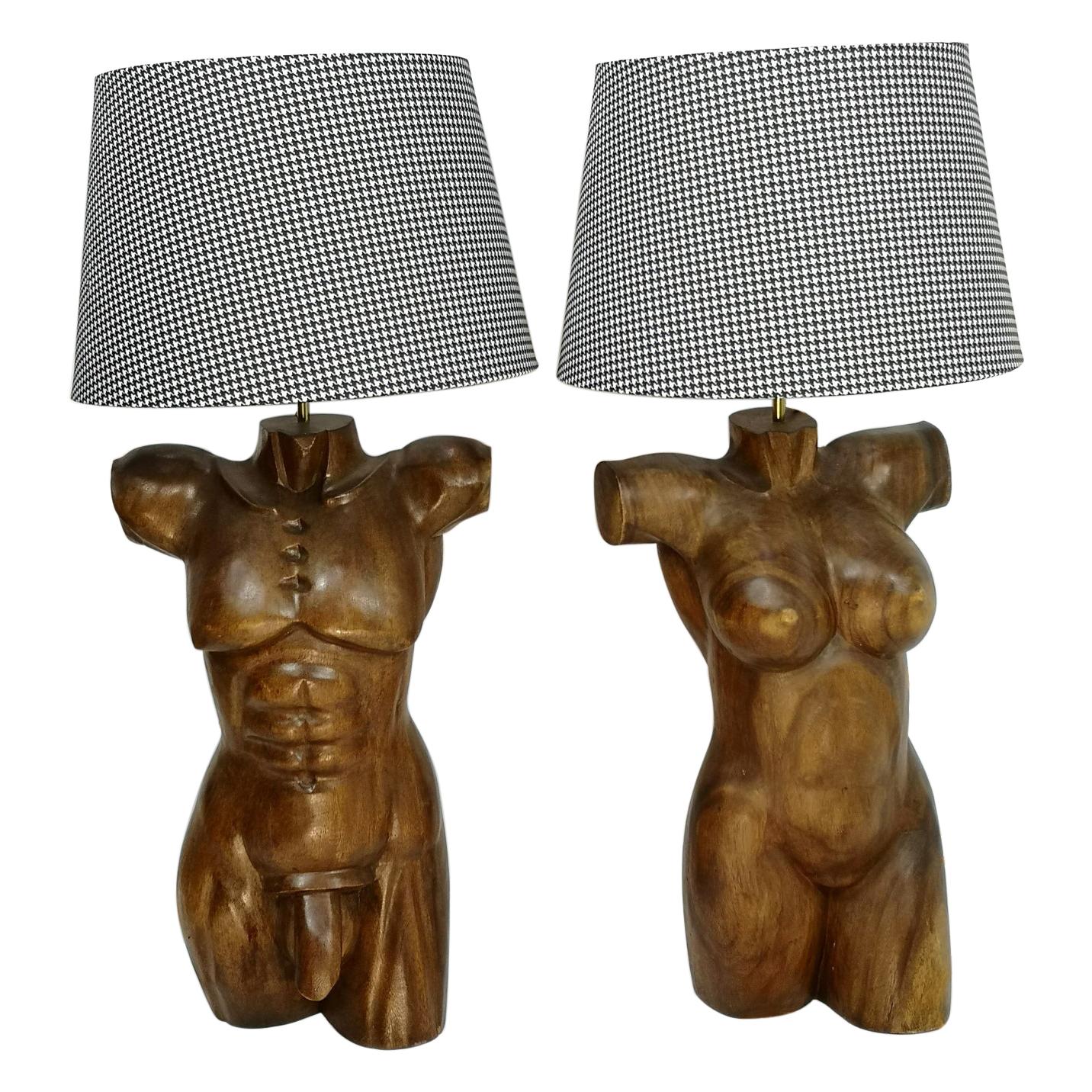 Pair of Solid Wooden Sculptural Torso Lamps, 1970's For Sale