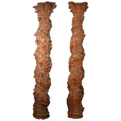 Antique Pair of Solomonic Columns, Pinewood, 17th Century