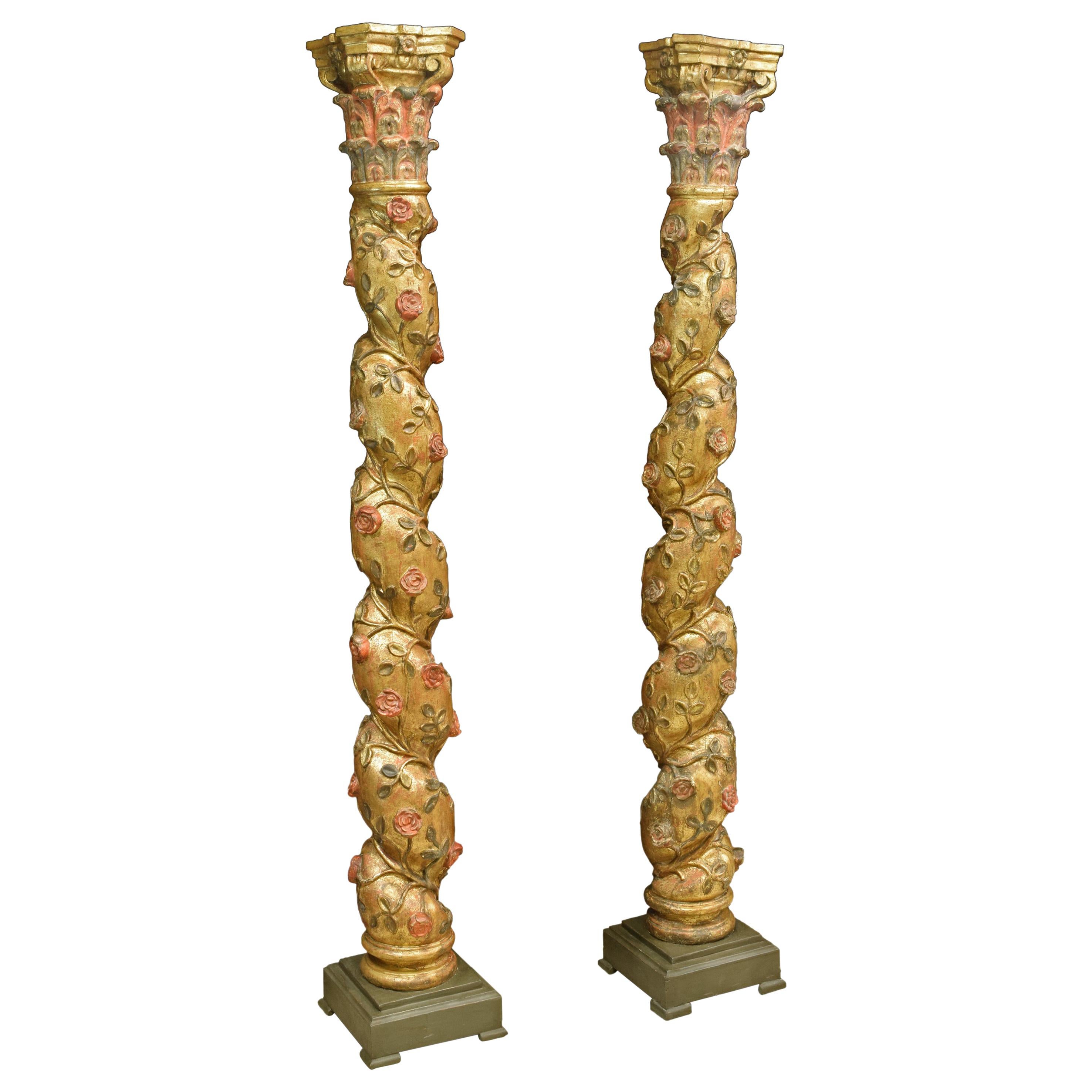 Pair of Solomonic Columns, Polychromed and Gilded Wood, 17th Century For Sale