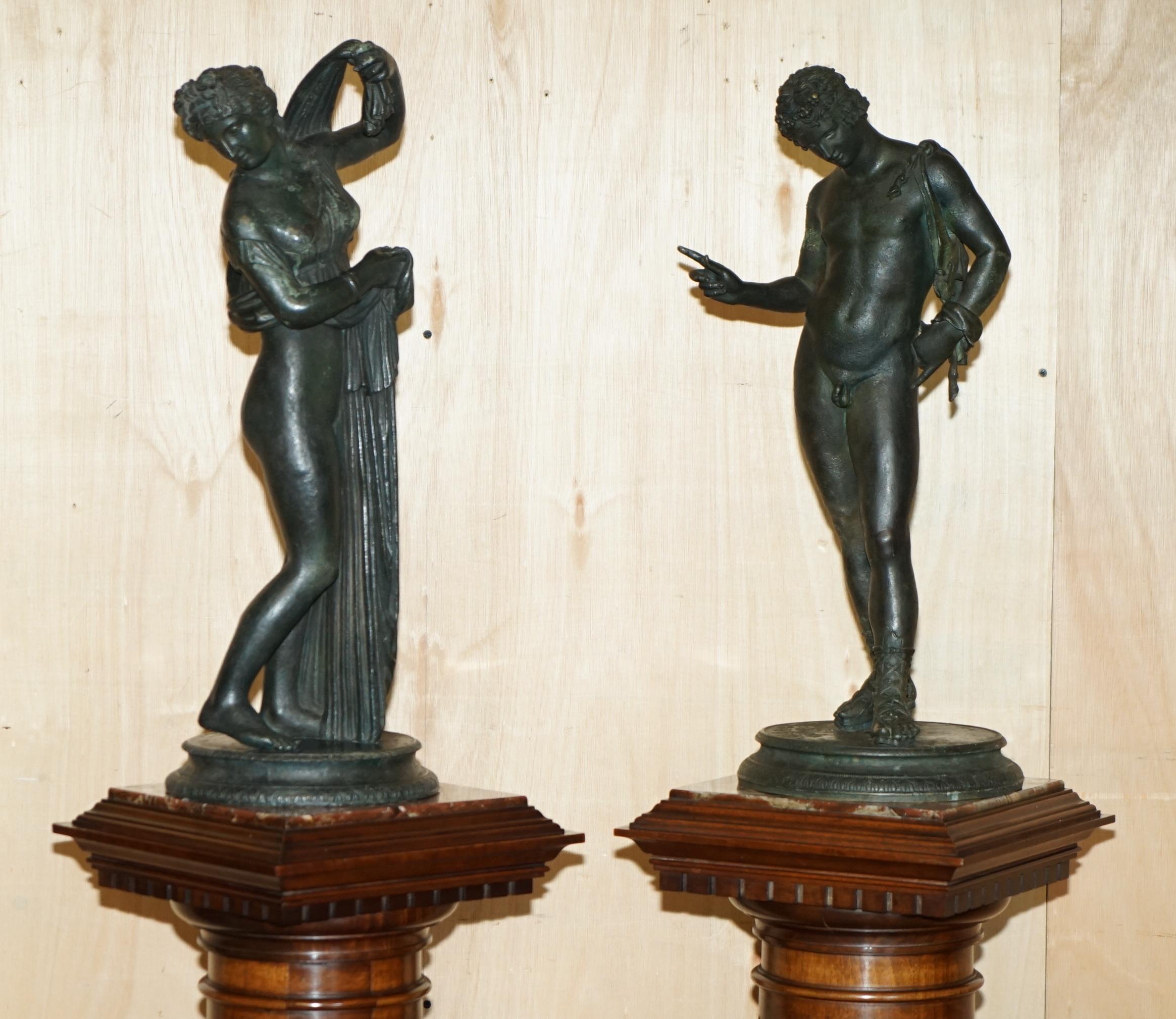 Royal House Antiques

Royal House Antiques is delighted to offer for sale this museum quality pair of Sommer Foundry Naples Verdigris Bronze statues of Narcissus & Venus Callipygian seated on Marble topped, Mahogany carved Corinthian pillars as