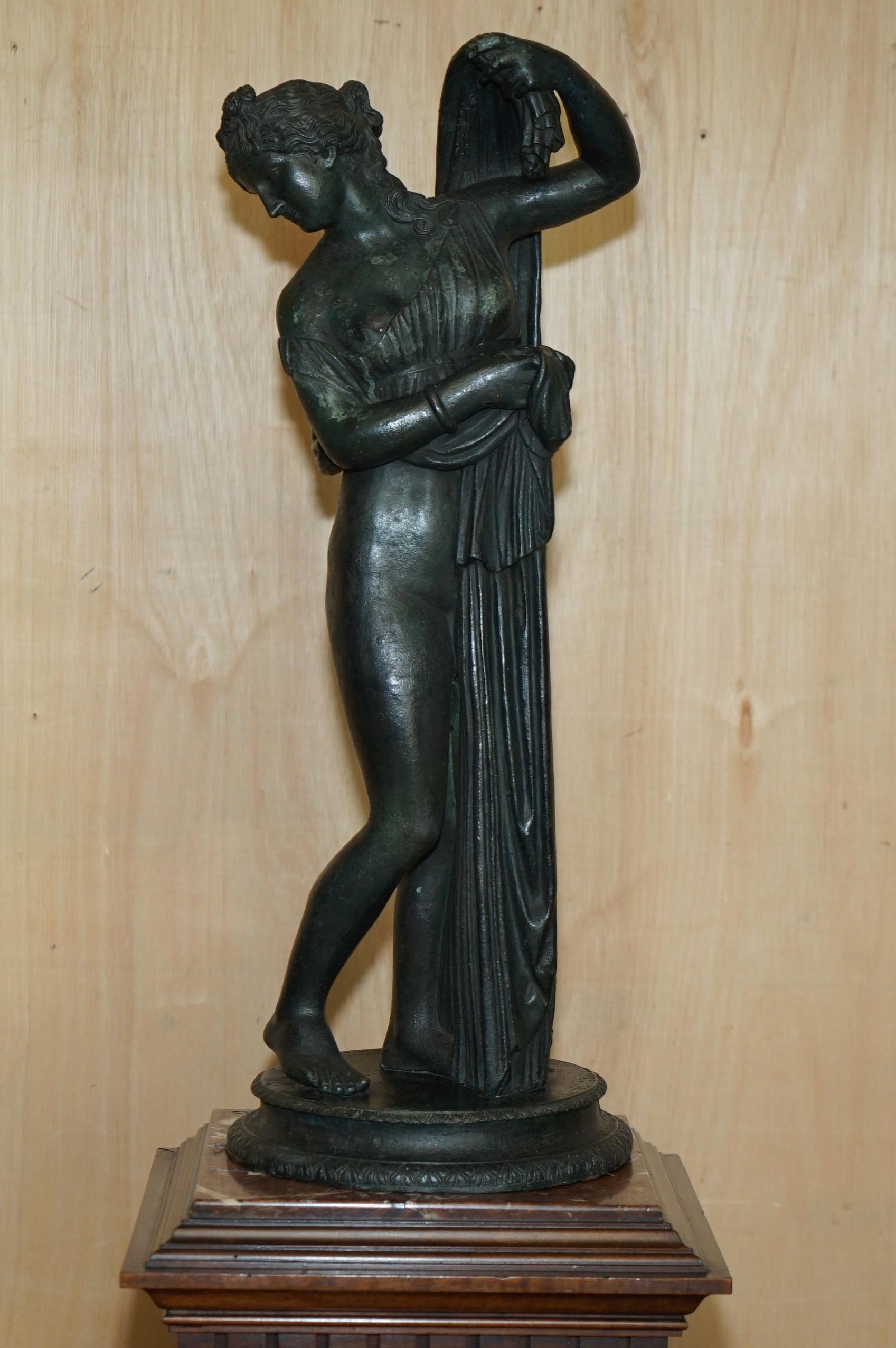 Italian PAIR OF SOMMER FOUNDRY NARCISSUS & VENUS CALLIPYGIAN BRONZE STATUES & PEDESTALSs For Sale