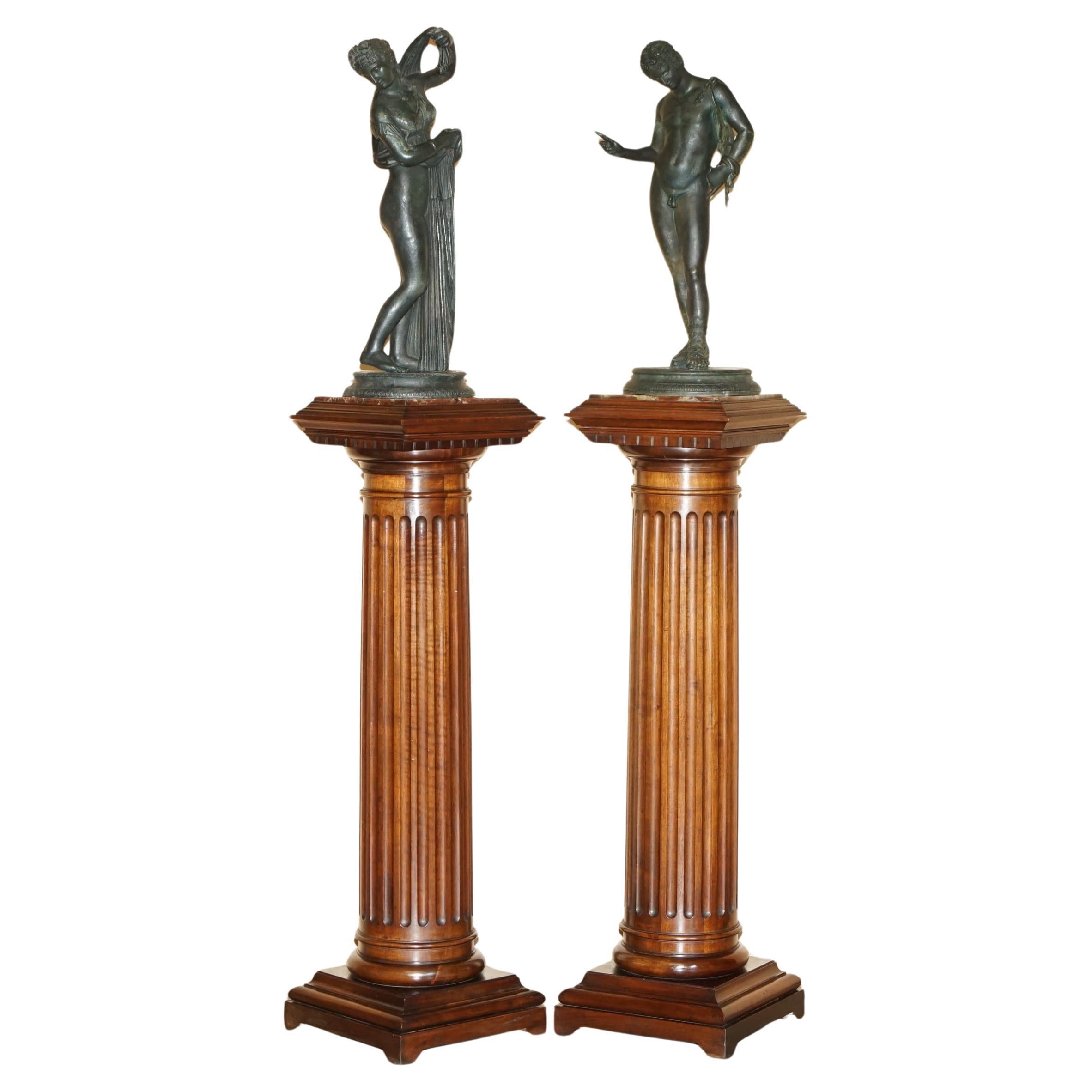 PAIR OF SOMMER FOUNDRY NARCISSUS & VENUS CALLIPYGIAN BRONZE STATUES & PEDESTALSs For Sale