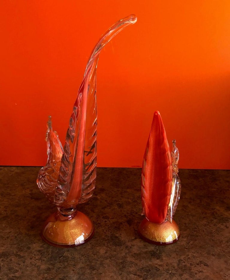 Pair of Sommerso Art Glass Birds/Pheasants by Murano Glass Studios For Sale 4