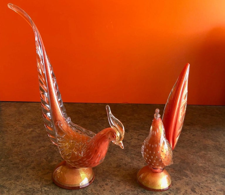 Italian Pair of Sommerso Art Glass Birds/Pheasants by Murano Glass Studios For Sale
