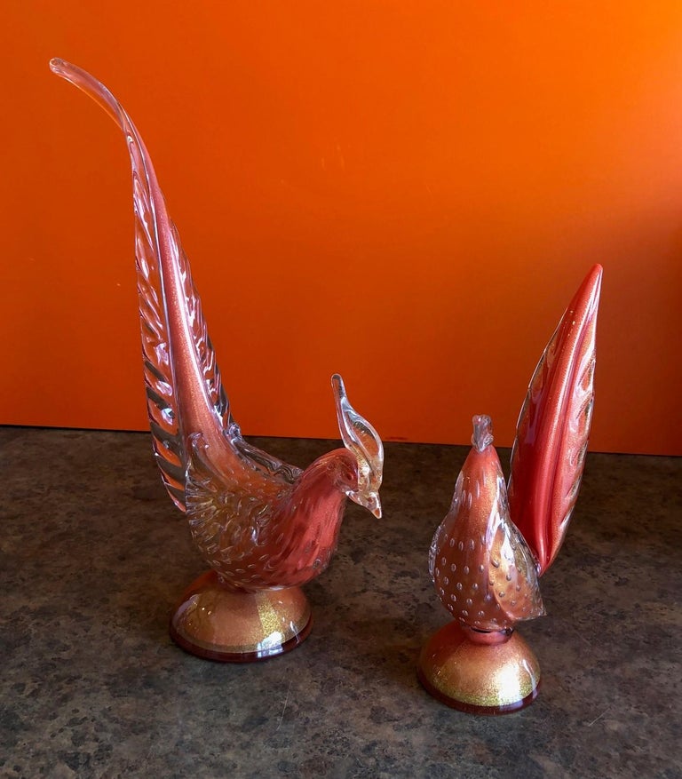 Pair of Sommerso Art Glass Birds/Pheasants by Murano Glass Studios In Good Condition For Sale In San Diego, CA