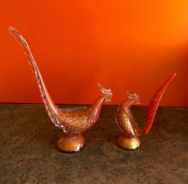 20th Century Pair of Sommerso Art Glass Birds/Pheasants by Murano Glass Studios For Sale