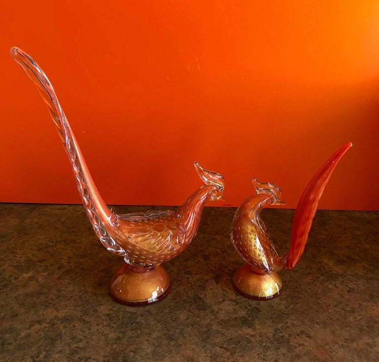 Pair of Sommerso Art Glass Birds/Pheasants by Murano Glass Studios For Sale 1