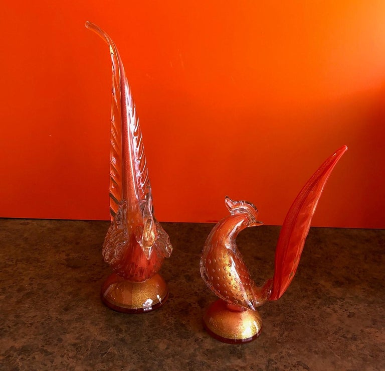 Pair of Sommerso Art Glass Birds/Pheasants by Murano Glass Studios For Sale 2