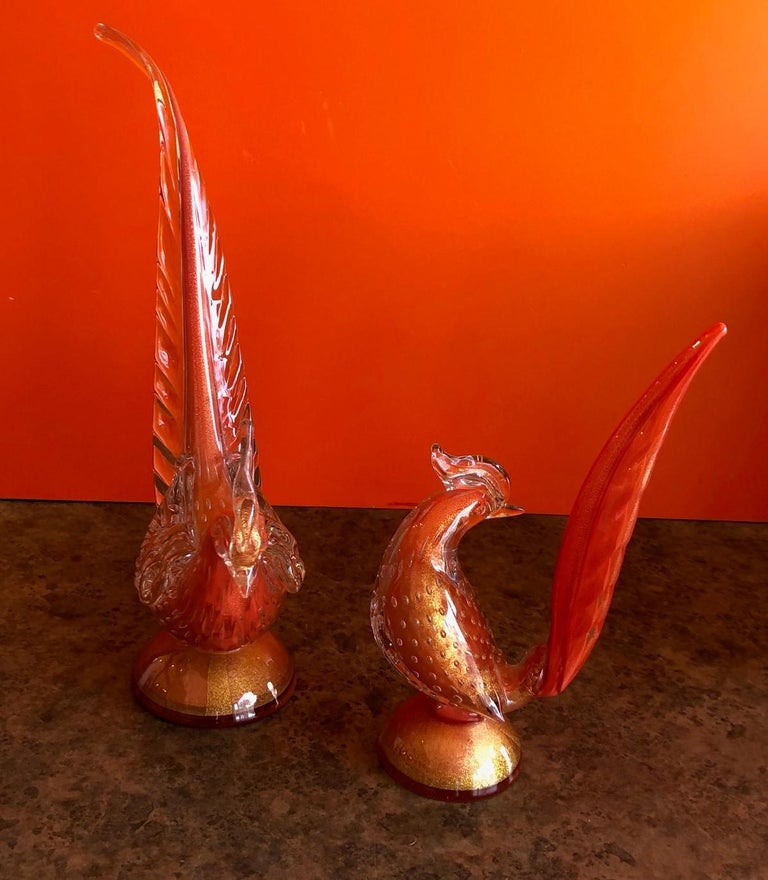 Pair of Sommerso Art Glass Birds/Pheasants by Murano Glass Studios For Sale 3
