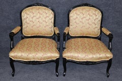 Pair of Sophisticated Ebonized Black Lacquer French Louis XV Wide Armchairs