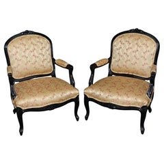 Pair of Sophisticated Ebonized Black Lacquer French Louis XV Wide Armchairs