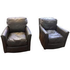 Pair of Sophisticated Supple Brownish Grey Leather Swivel Club Chairs