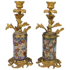 Vintage Pair of Sore Bronze-Mounted Cloisonné Candleholders