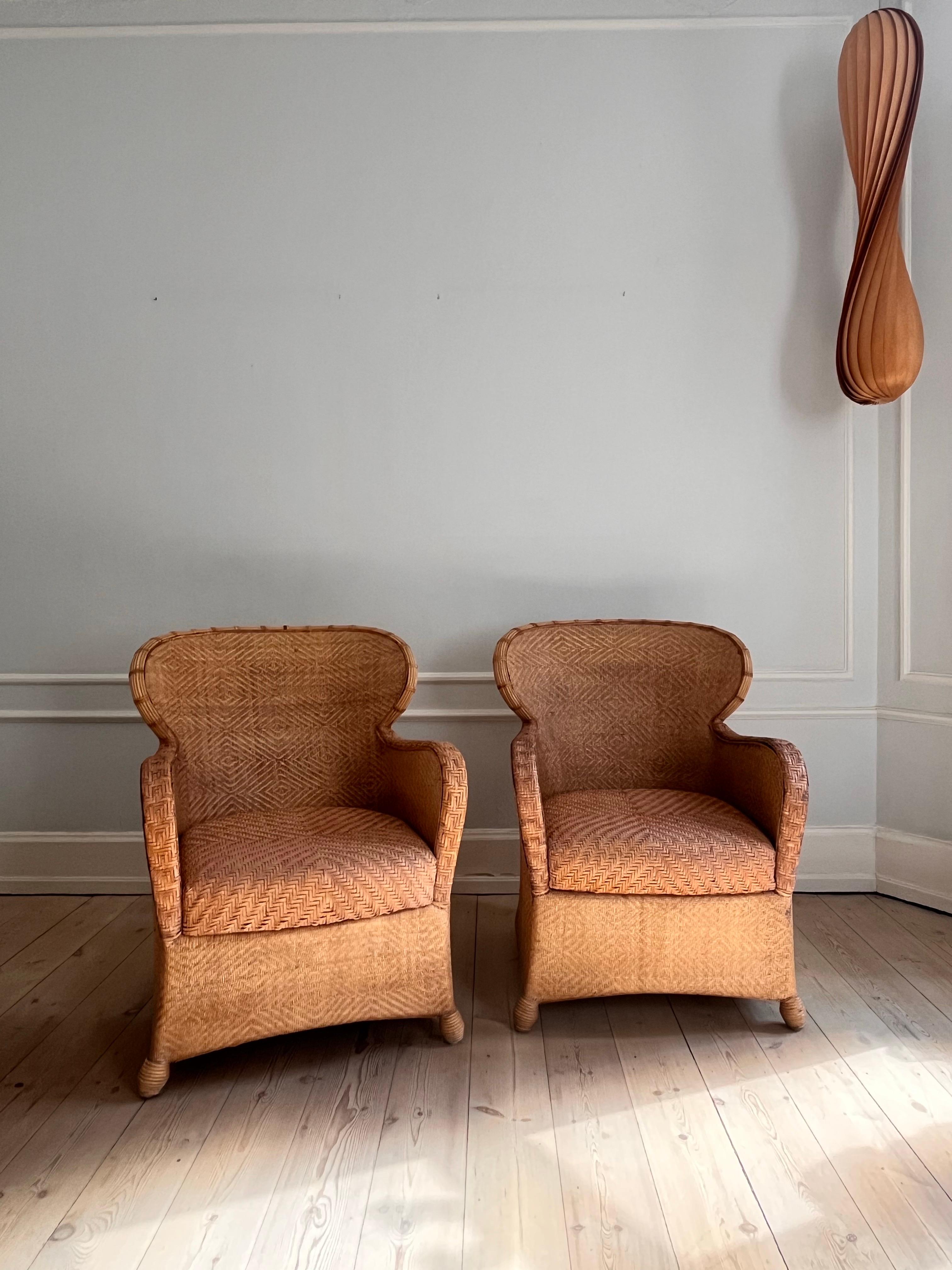 Pair of Soren Lund Lounge Chairs / Arm chairs in Wicker / Cane and leather 2