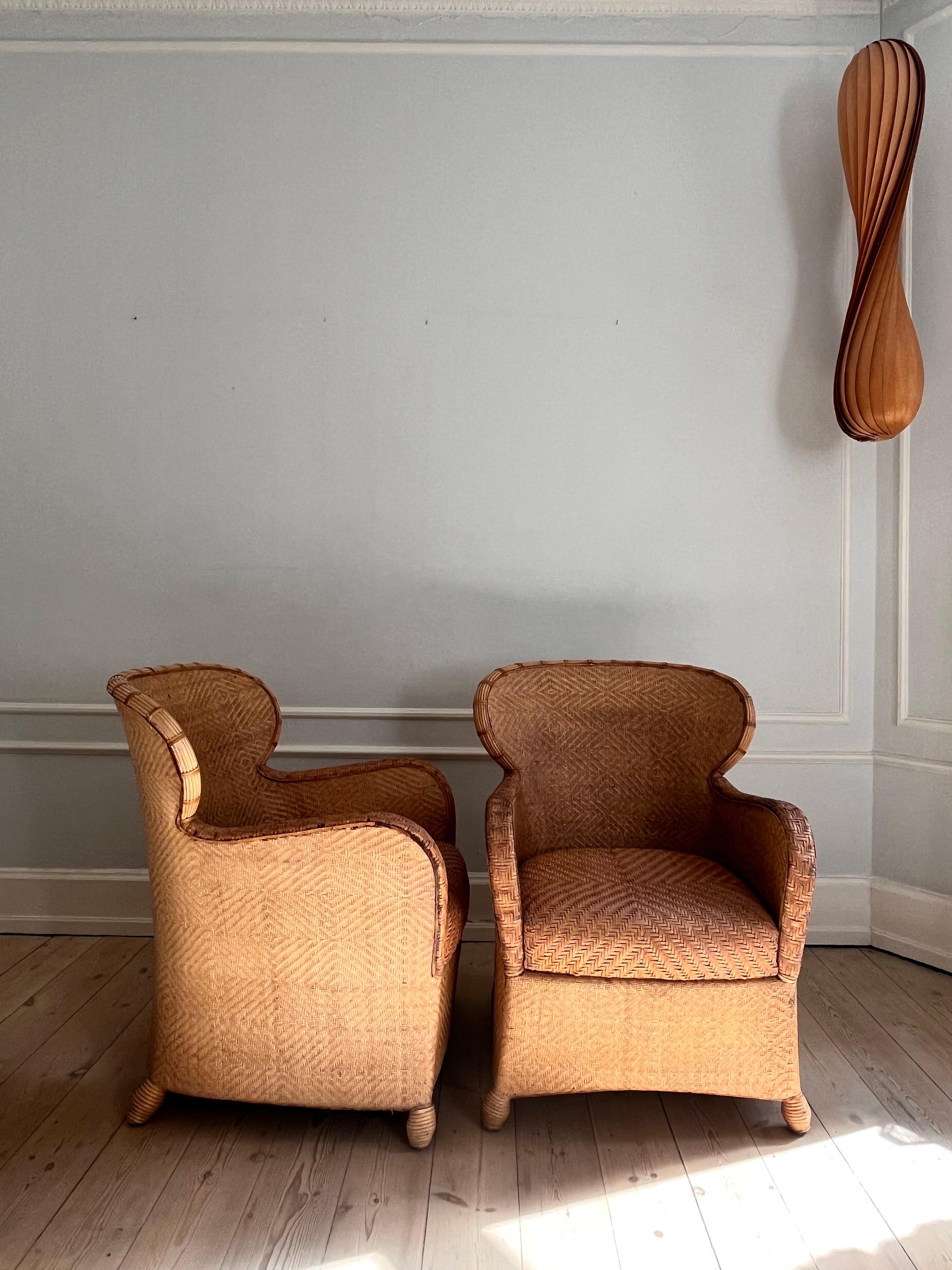 Pair of Soren Lund Lounge Chairs / Arm chairs in Wicker / Cane and leather 4