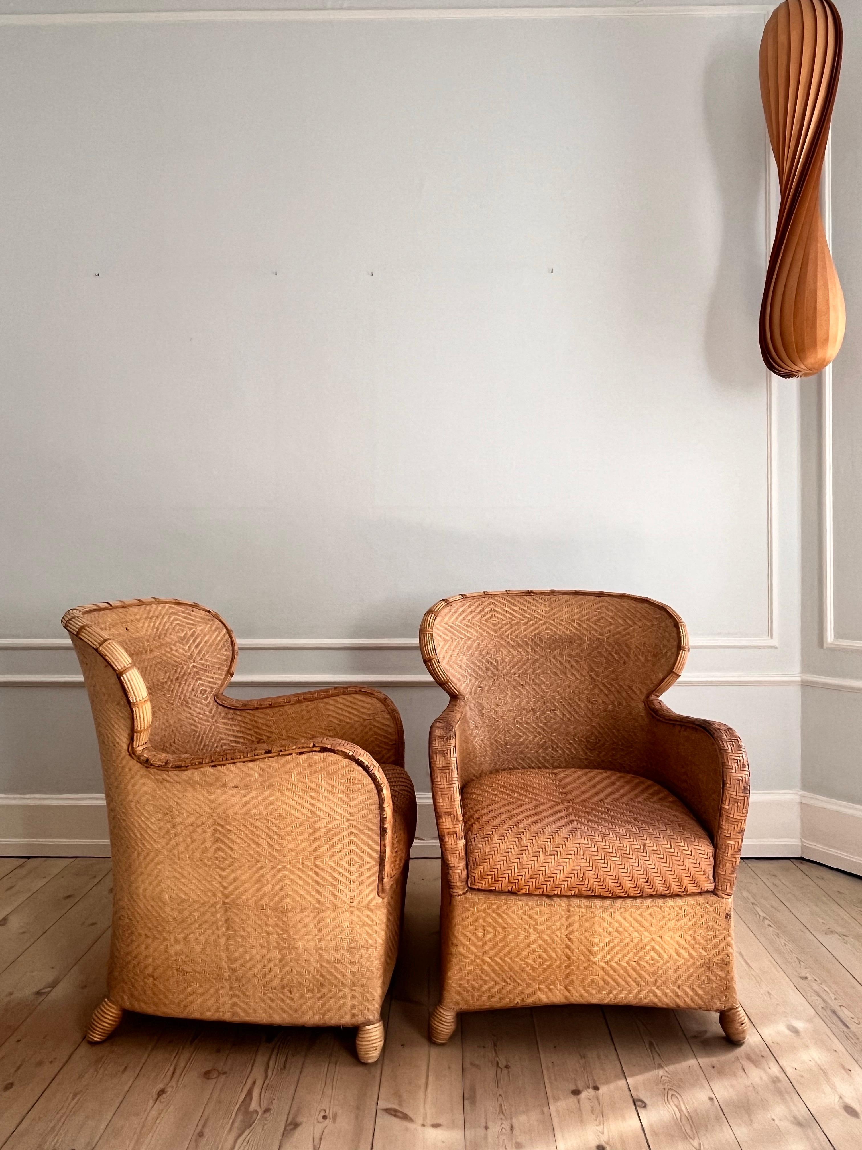 Pair of Soren Lund Lounge Chairs / Arm chairs in Wicker / Cane and leather 6