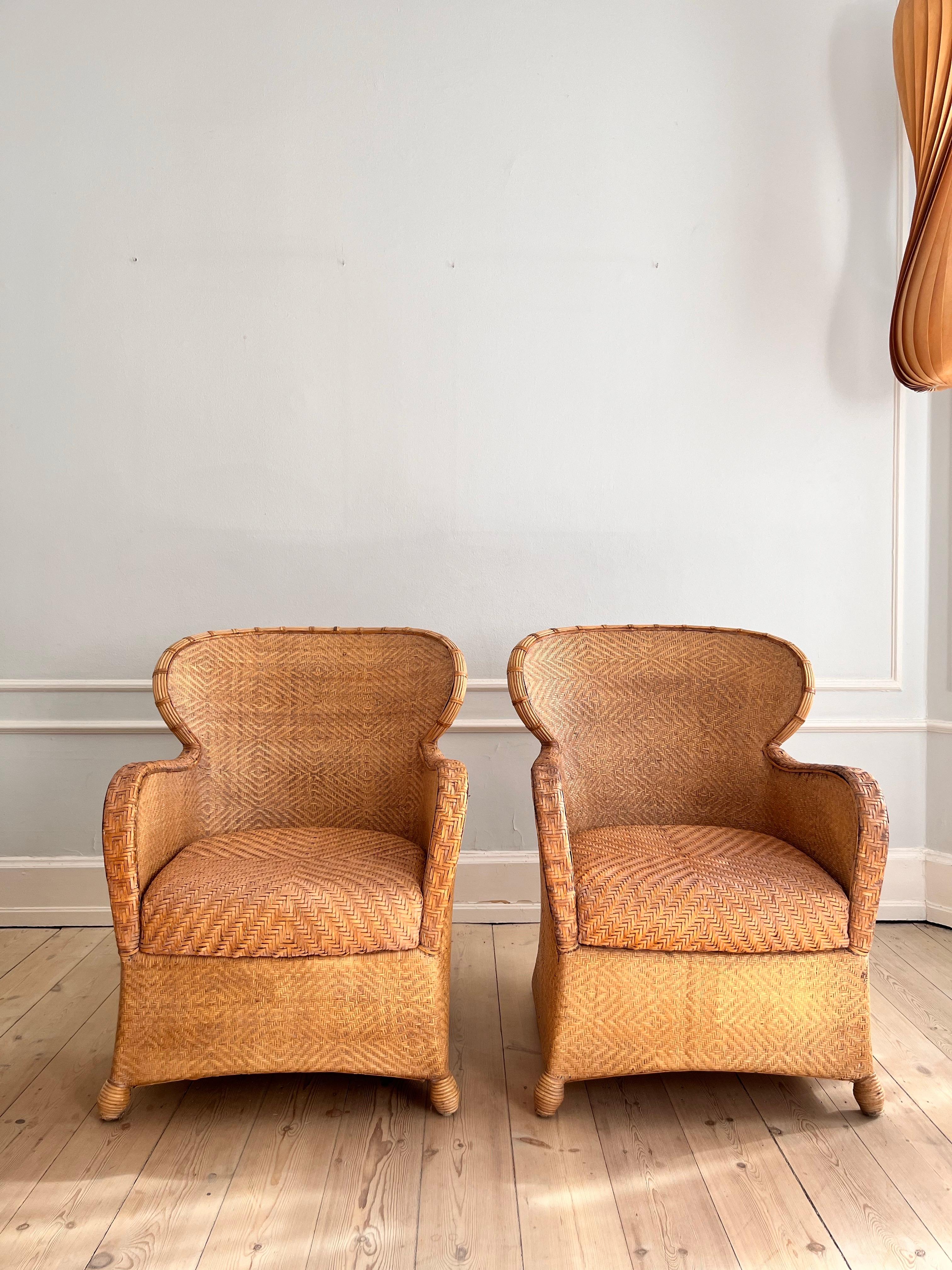 Hand-Crafted Pair of Soren Lund Lounge Chairs / Arm chairs in Wicker / Cane and leather