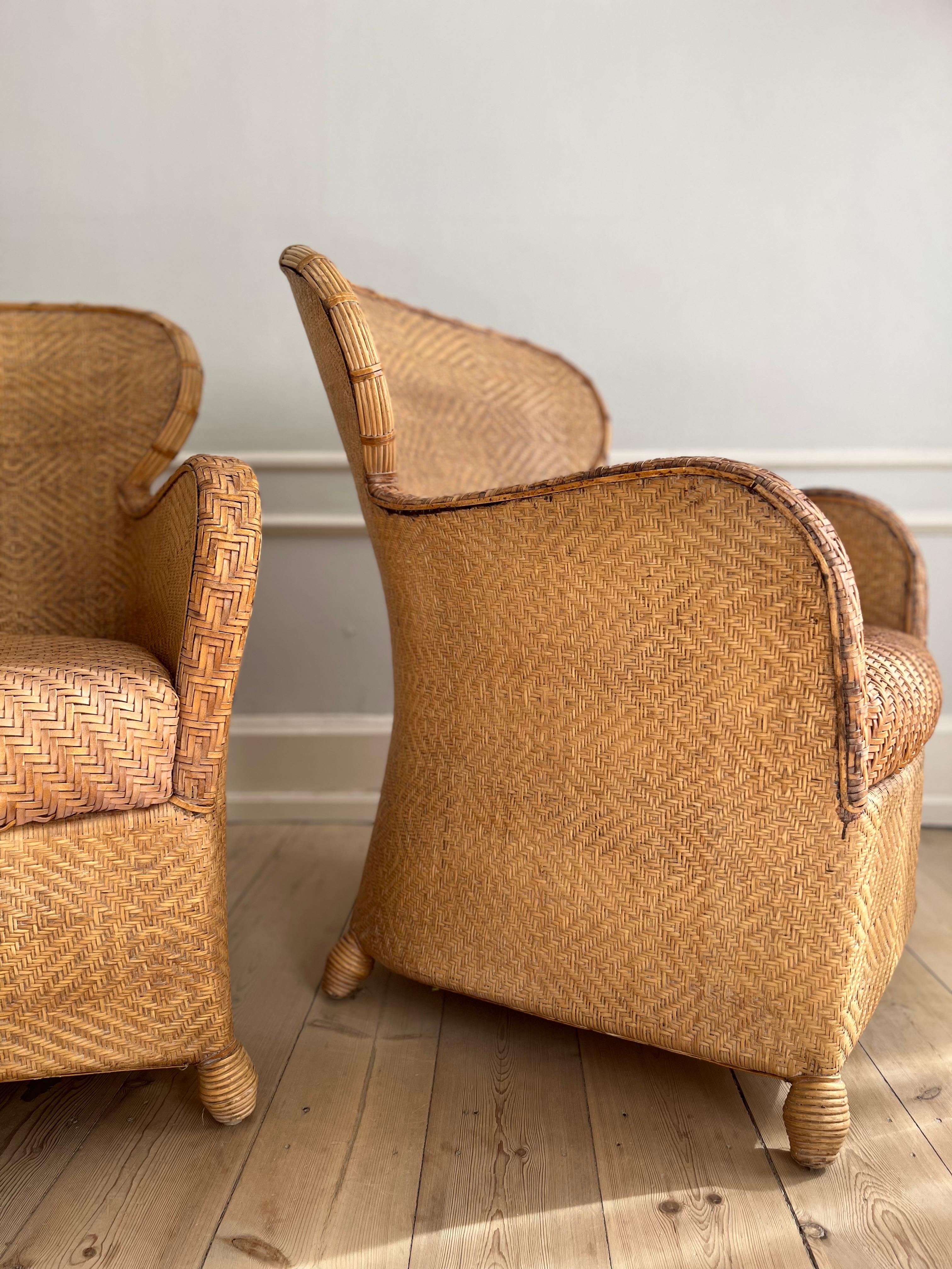 Pair of Soren Lund Lounge Chairs / Arm chairs in Wicker / Cane and leather In Good Condition In Copenhagen, DK