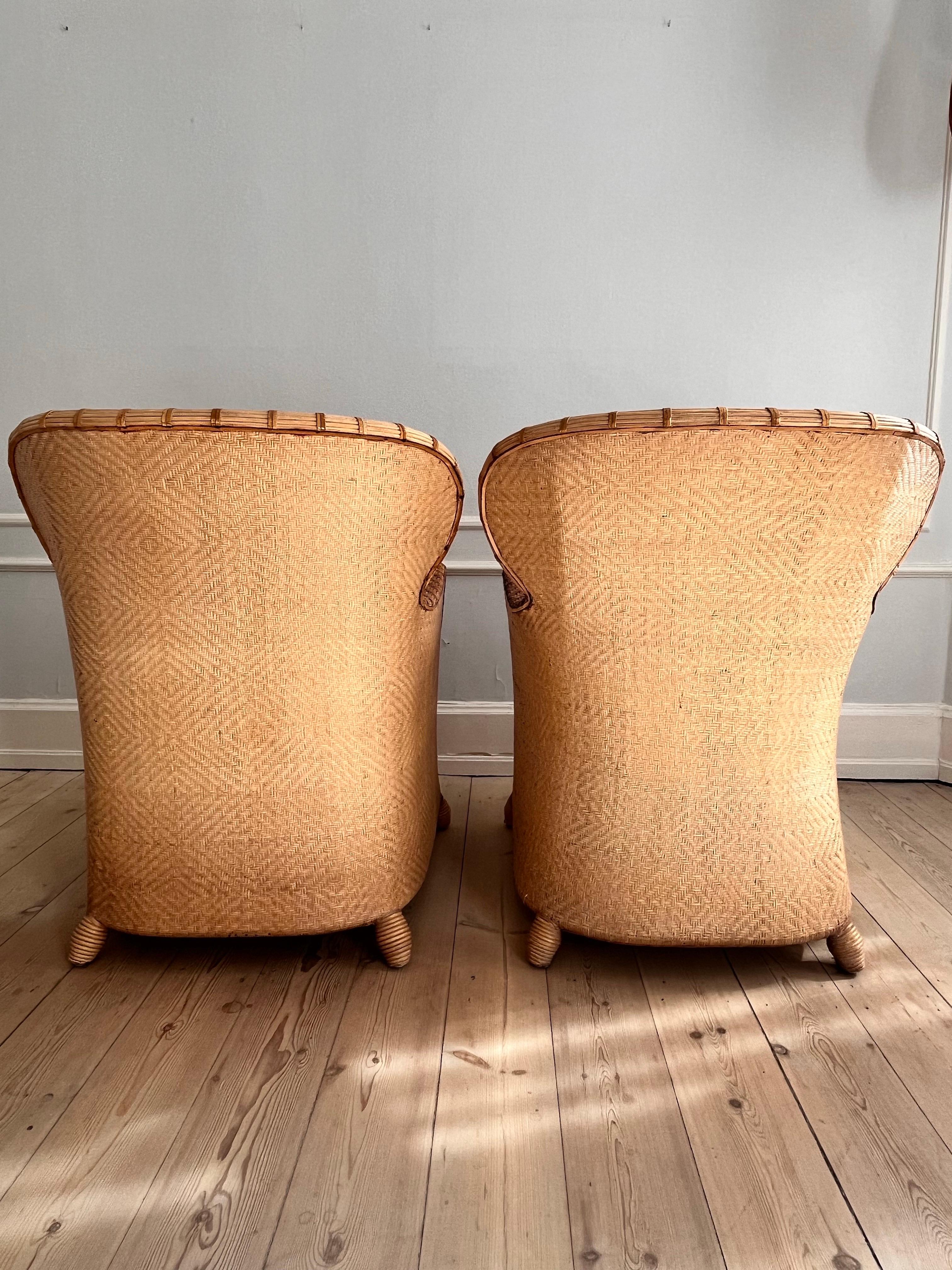 Mid-20th Century Pair of Soren Lund Lounge Chairs / Arm chairs in Wicker / Cane and leather