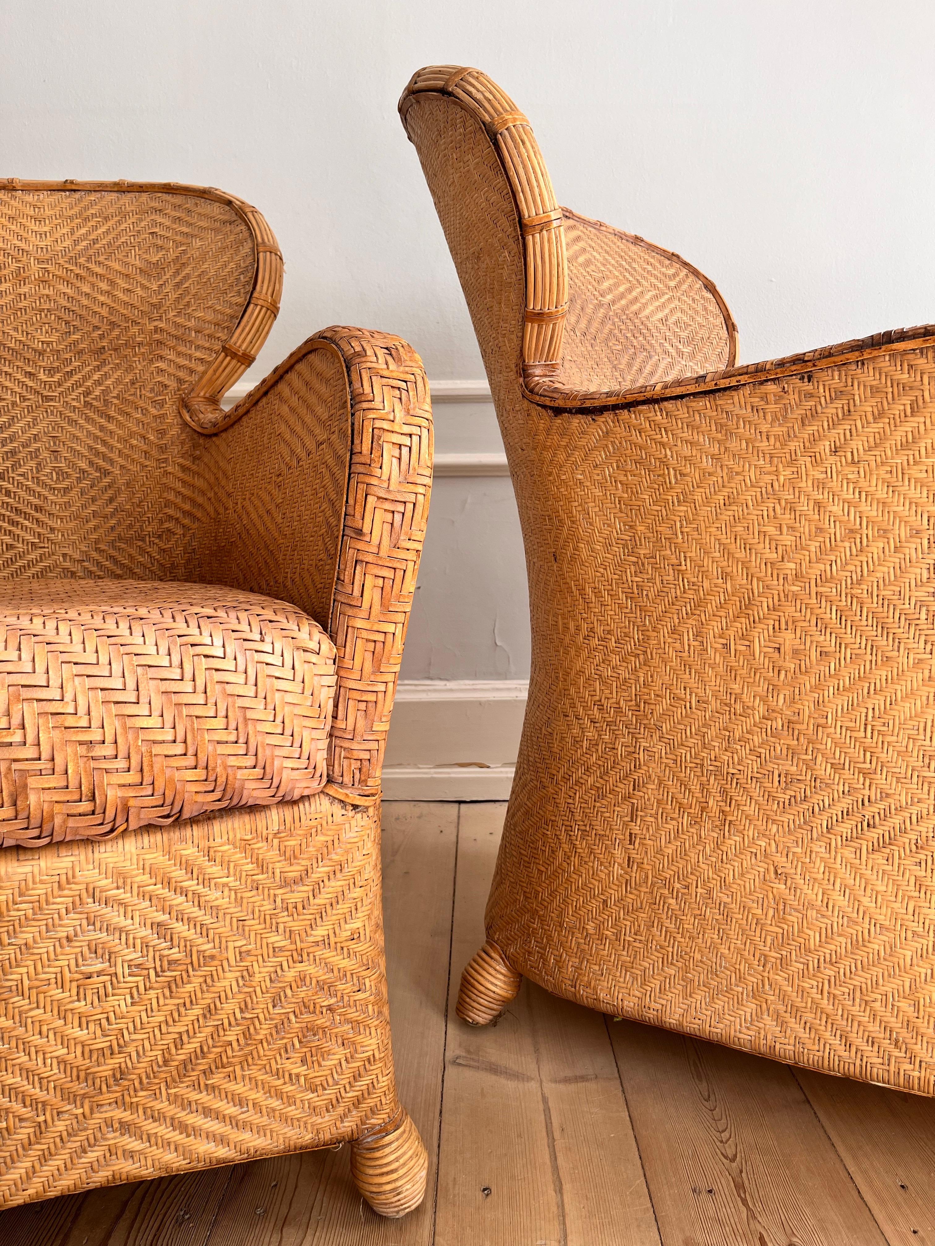 Leather Pair of Soren Lund Lounge Chairs / Arm chairs in Wicker / Cane and leather