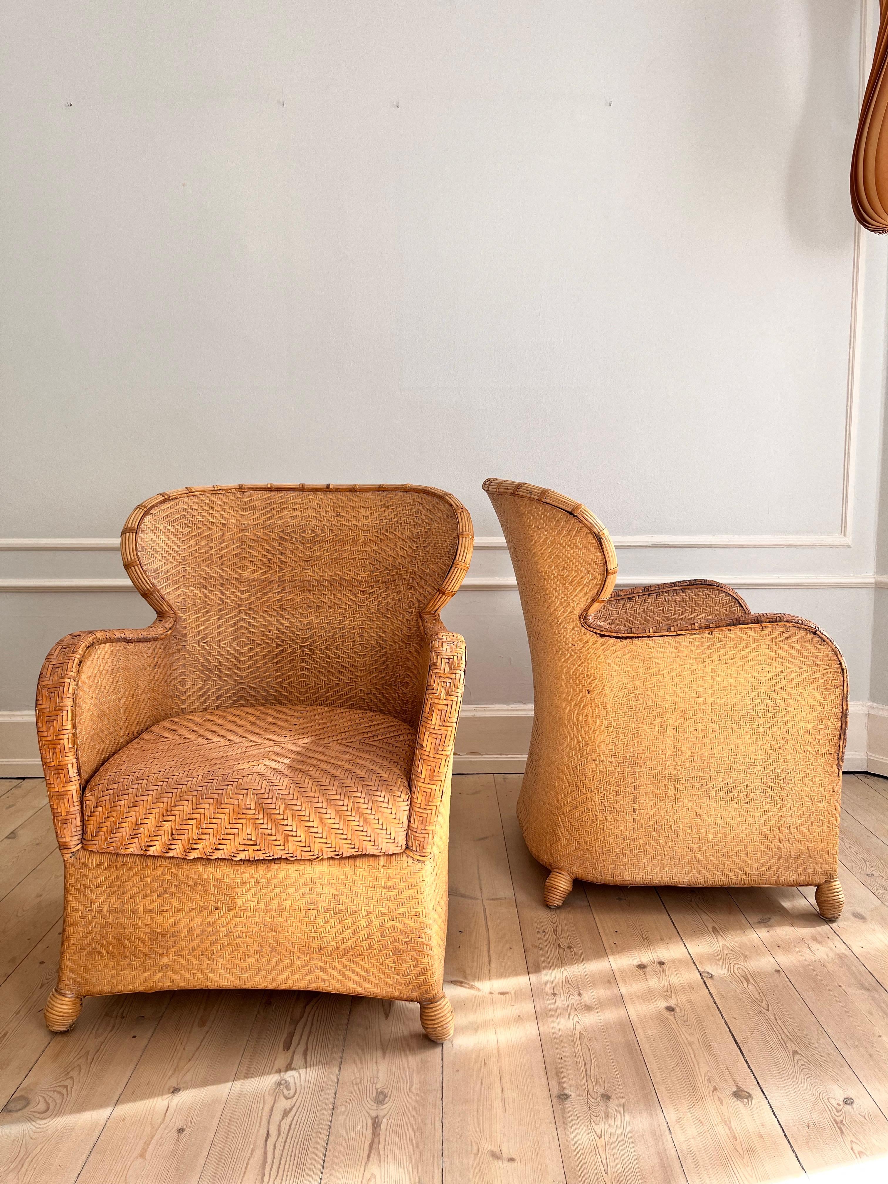Pair of Soren Lund Lounge Chairs / Arm chairs in Wicker / Cane and leather 1