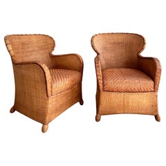 Pair of Soren Lund Lounge Chairs / Arm chairs in Wicker / Cane and leather