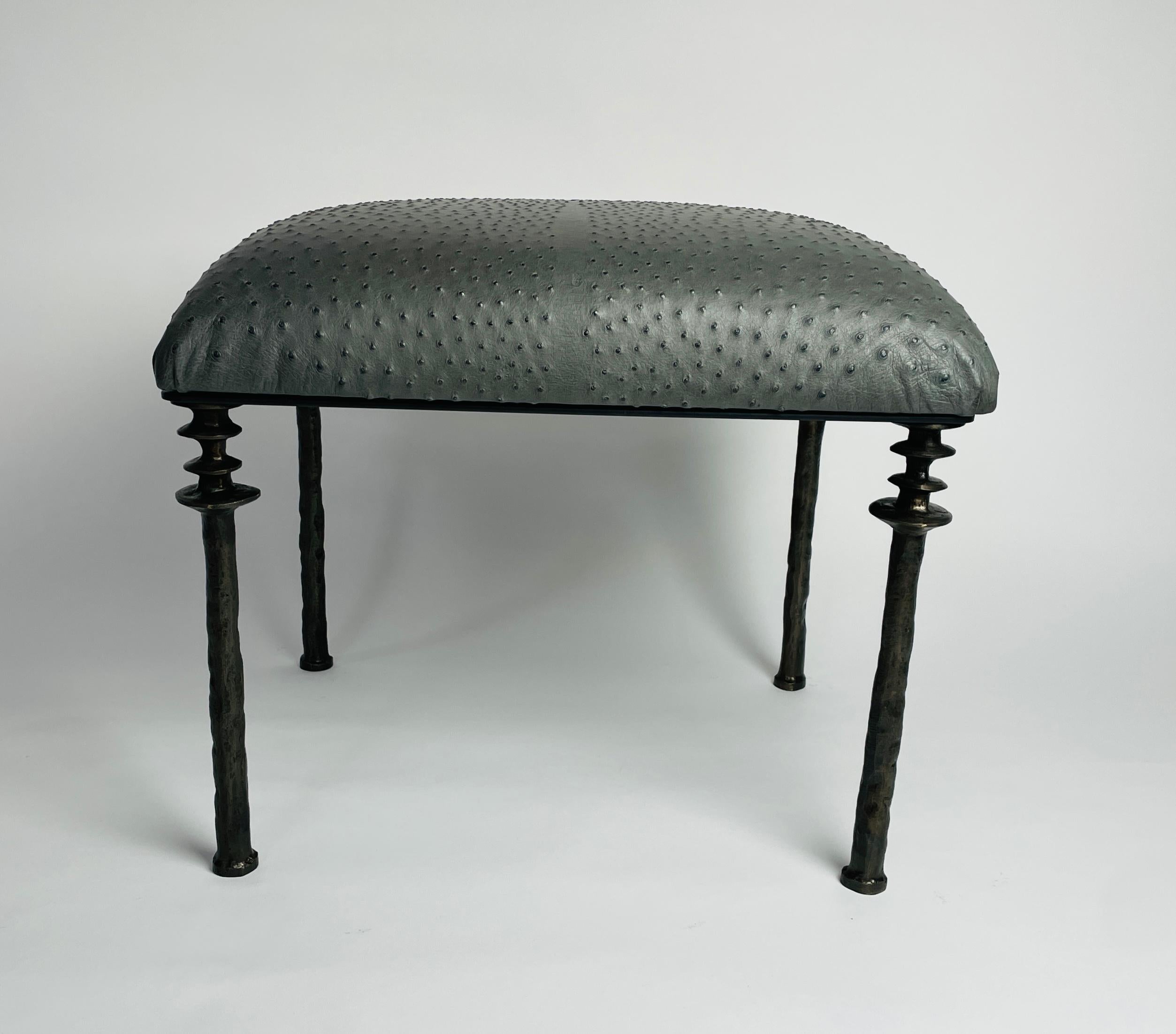 American Pair of Sorgue Stools, by Bourgeois Boheme Atelier, Anthracite Ostrich Leather