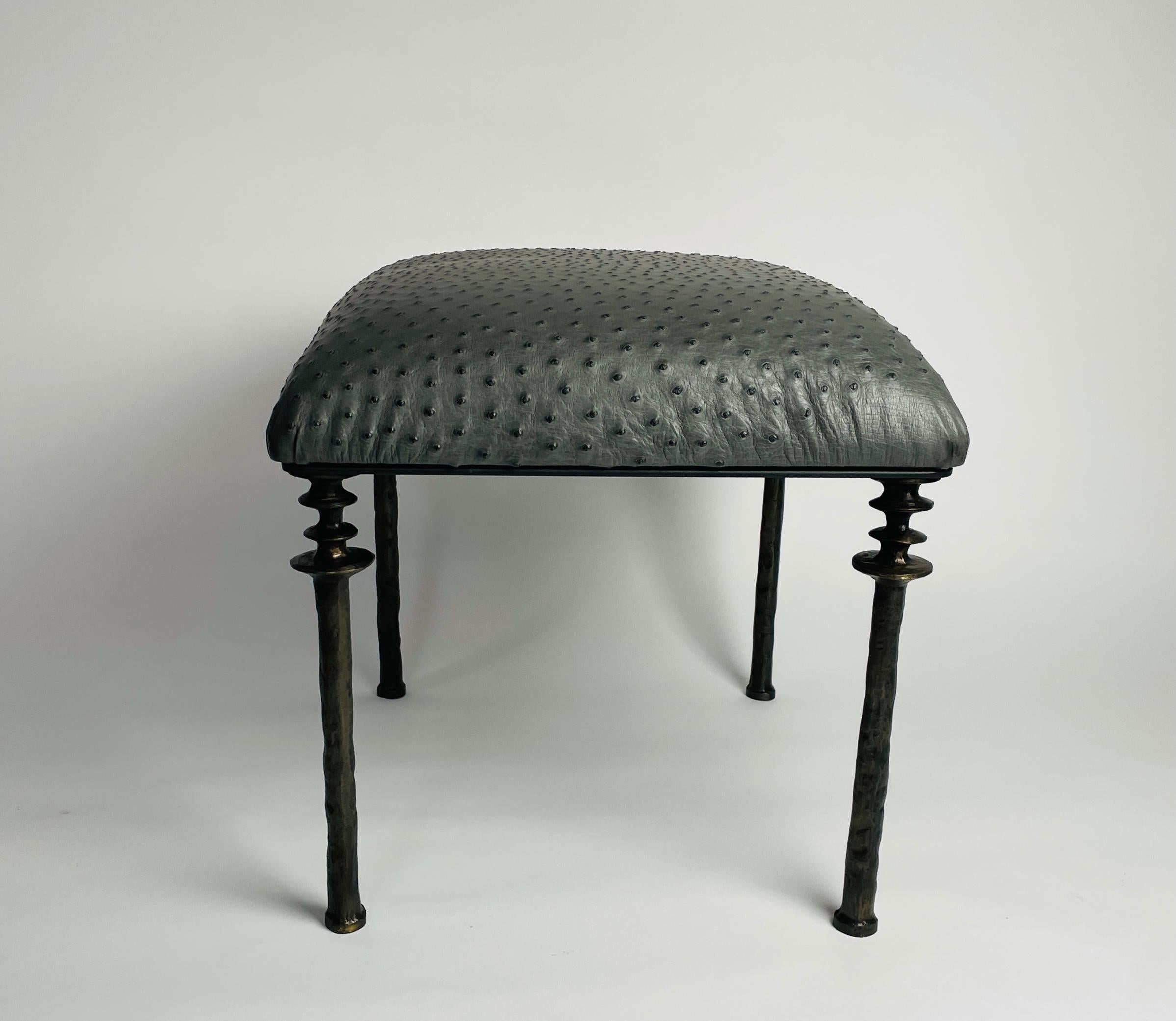 Pair of Sorgue Stools, by Bourgeois Boheme Atelier, Anthracite Ostrich Leather In New Condition In Los Angeles, CA