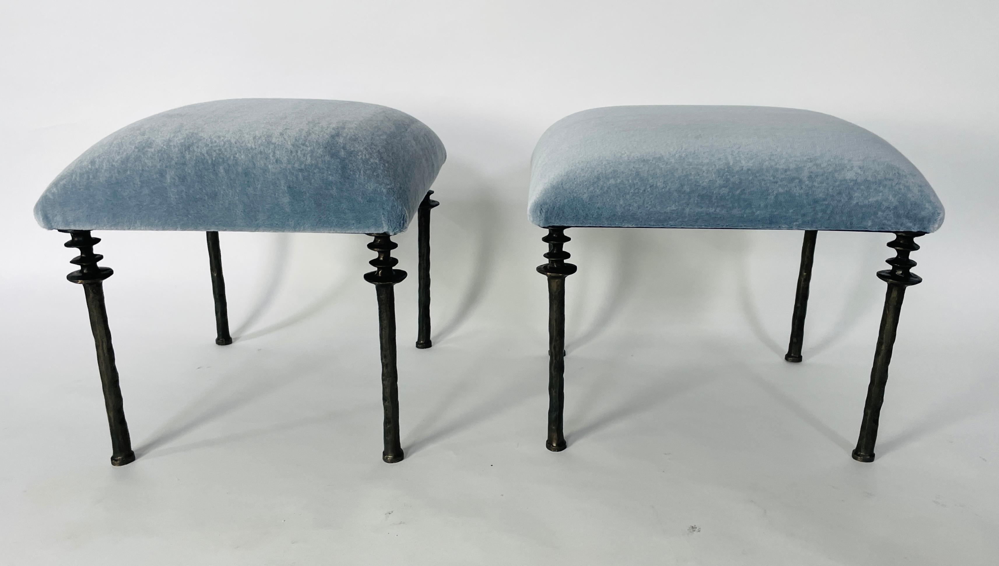 Organic Modern Pair of Sorgue Stools, by Bourgeois Boheme Atelier, Blue Mohair Upholstery
