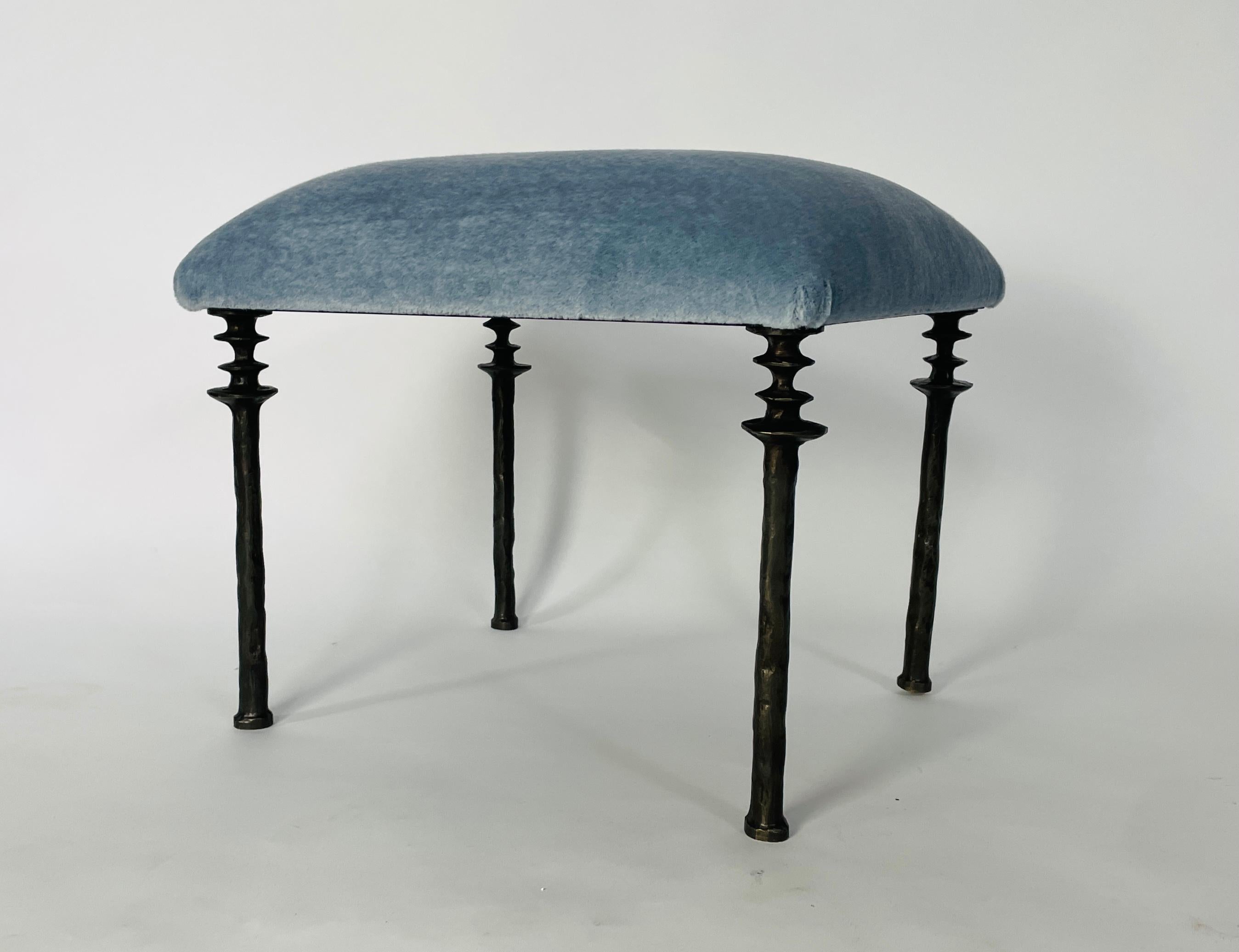 American Pair of Sorgue Stools, by Bourgeois Boheme Atelier, Blue Mohair Upholstery
