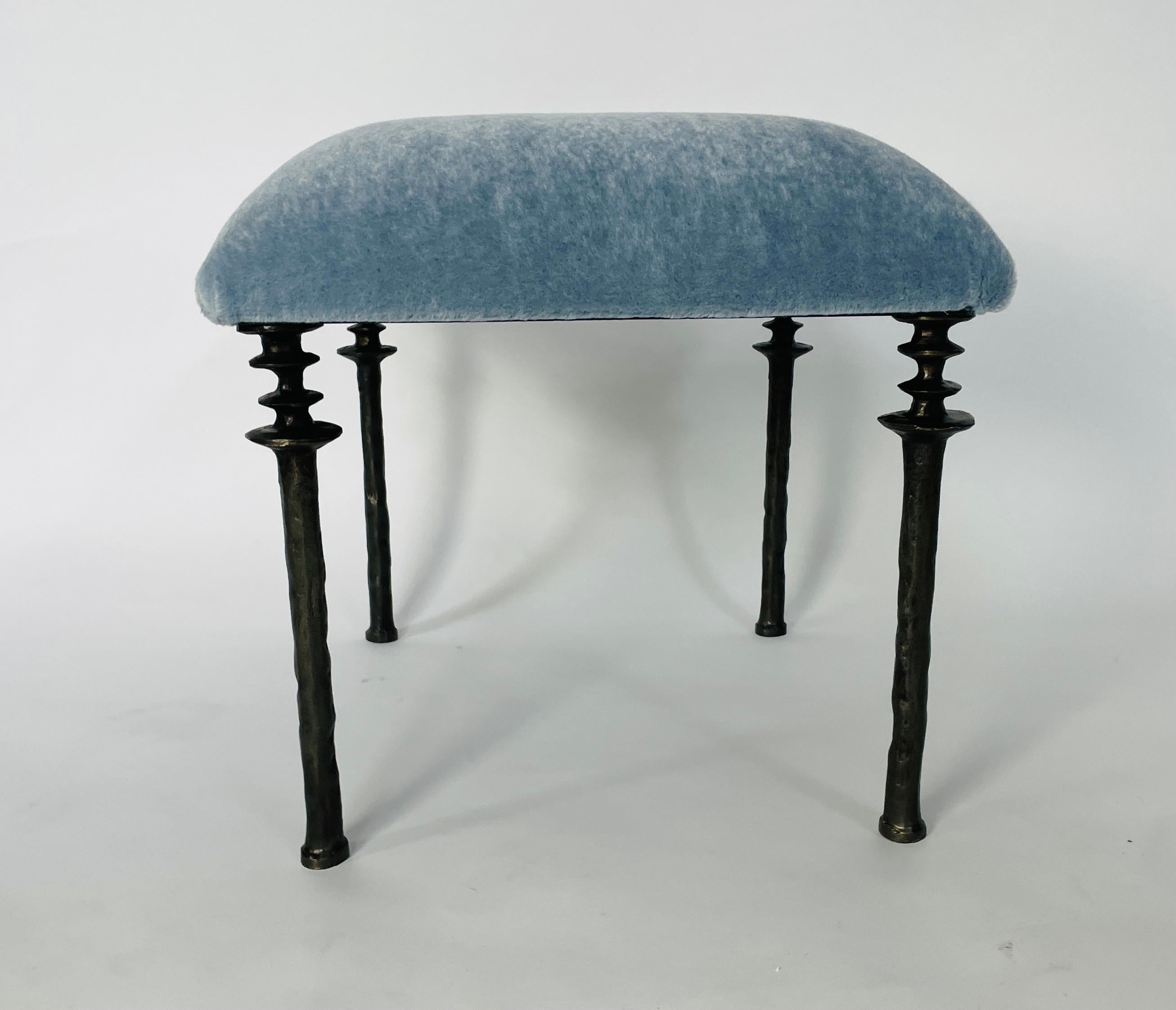 Pair of Sorgue Stools, by Bourgeois Boheme Atelier, Blue Mohair Upholstery In New Condition In Los Angeles, CA
